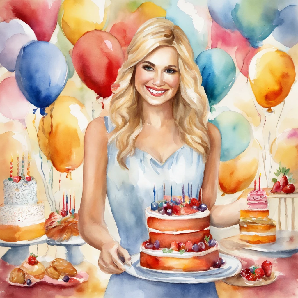 By bebebebebe, by spuydjeks, by buta99, by spikedmauler. beautiful young smiling blonde happy woman with straigh hair in casual dress in her birthday party holding cake and lot of candles, in the style of beautifulcore, louis, luxurious textures, photobash, uhd image, wavy, full body, big cake, ballons and stars