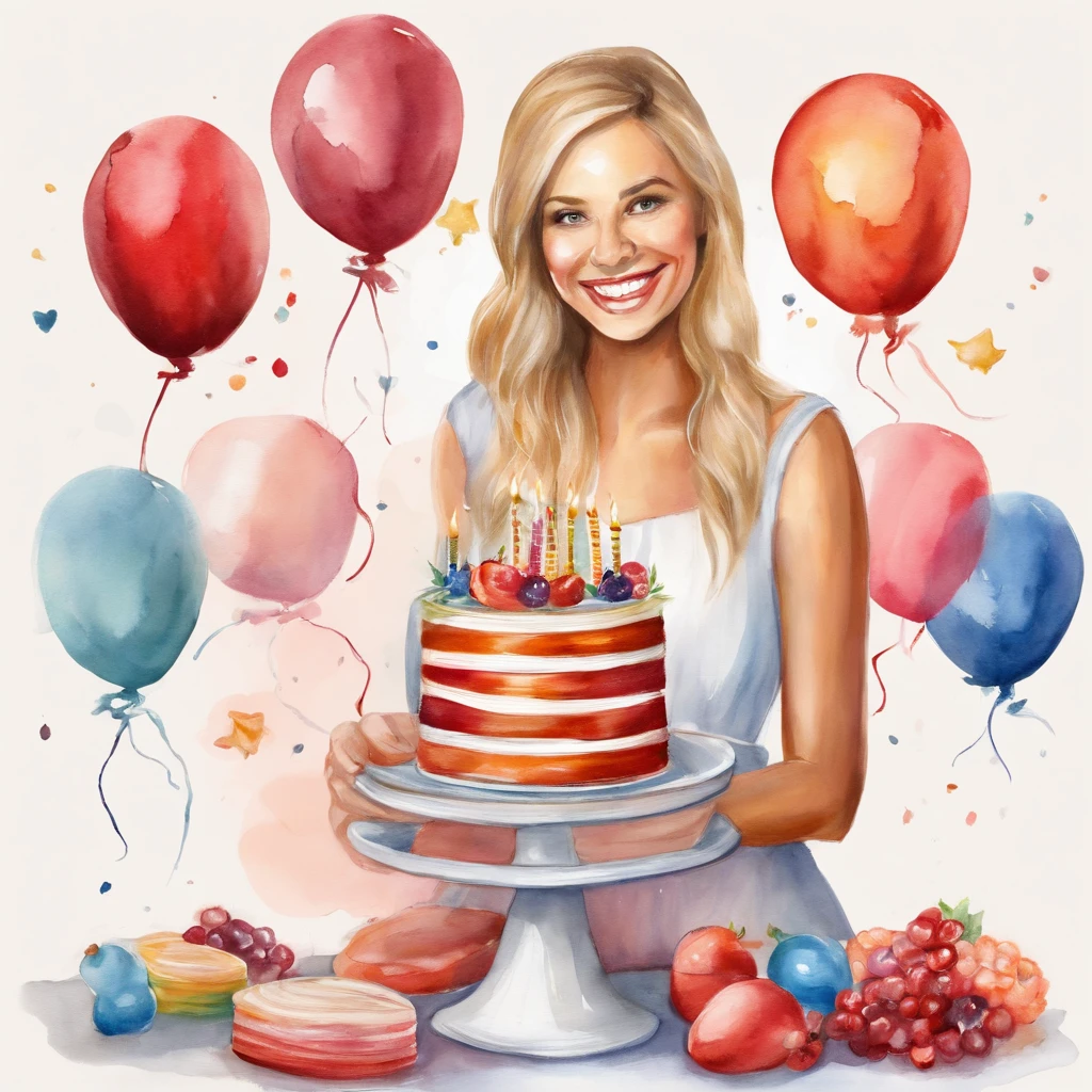 By bebebebebe, by spuydjeks, by buta99, by spikedmauler. beautiful young smiling blonde happy woman with straigh hair in casual dress in her birthday party holding cake and lot of candles, in the style of beautifulcore, louis, luxurious textures, photobash, uhd image, wavy, full body, big cake, ballons and stars