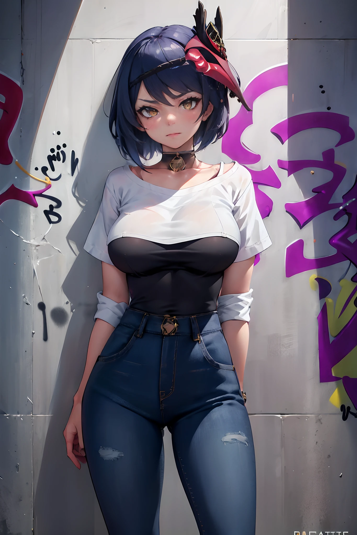 Kujou Sara Genshin Effect, masterpiece, bestquality, 1girls, oversized breasts, bara, dress shirt, Long Jeans, choker, (Graffiti:1.5), Splash with purple lightning pattern., arm behind back, against wall, View viewers from the front., Thigh strap, Head tilt, bored, water eyes,