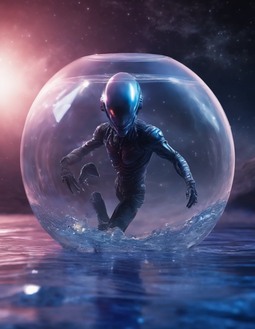 running man in the Sphere glass, he run on water face ,view from back of the man, glass transparent apple floating over clear water, universe background, deep blue sky with stars and moon,