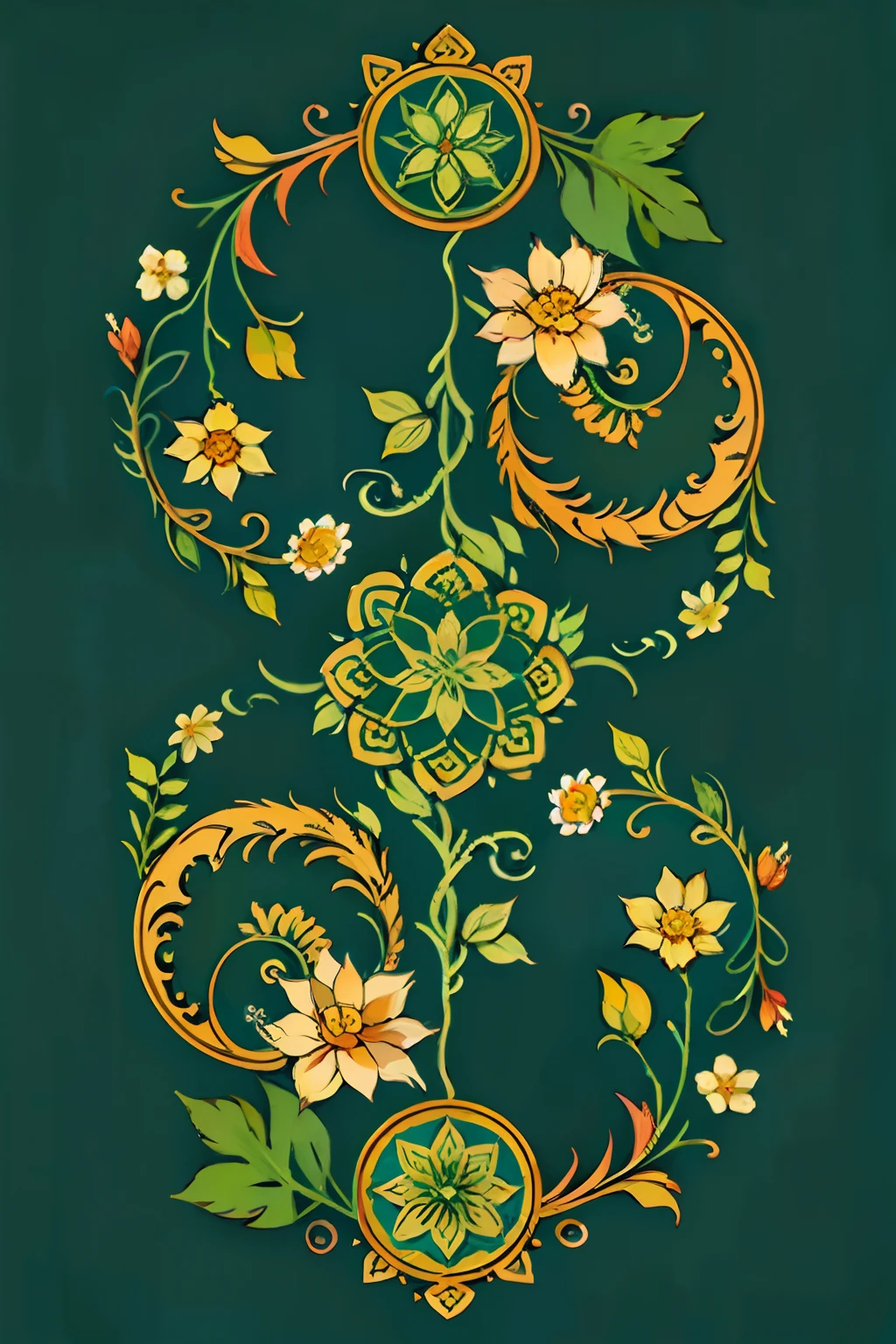 A round ornamental six pointed mandala made of green vegetation, plants, flowers and vines.