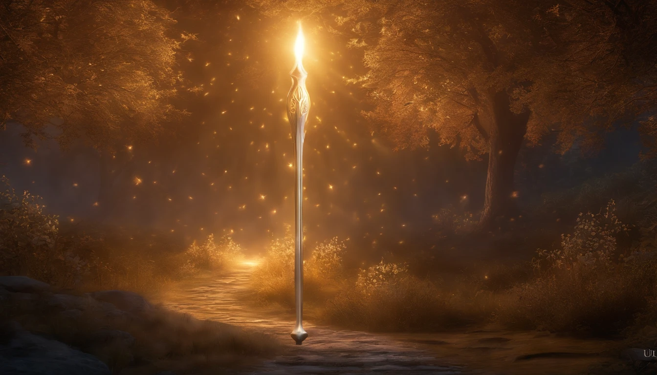 A scepter of light with a magical light element, Beautifully designed,Decorated with ethereal motifs,It seems to emit a soft glow. emitting a soft, A steady light illuminates the surrounding area. ultra - detailed, Detailed, Realistic