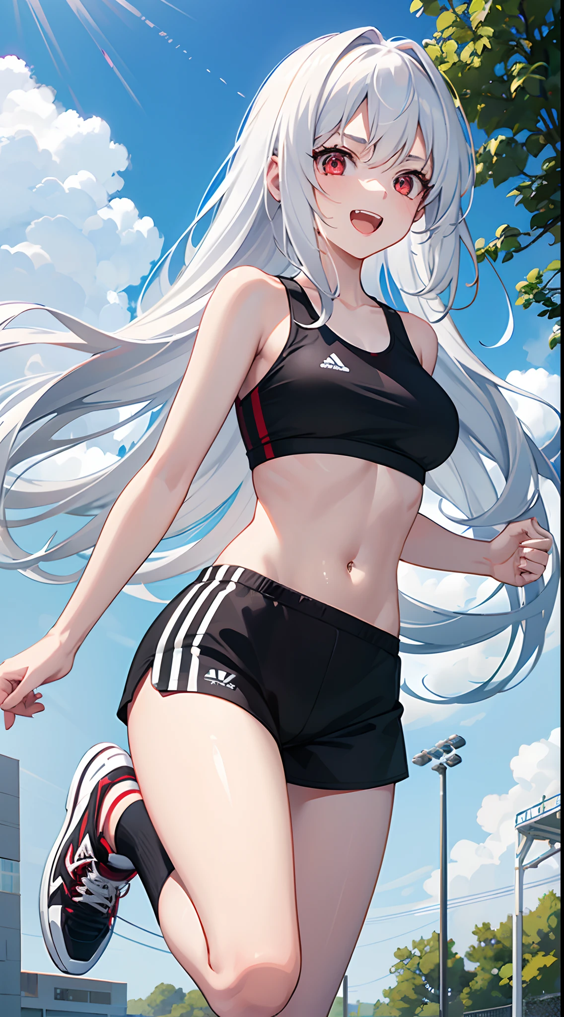 1 girl 19 years old, white long hair, red eyes, wearing a black sports bra, wear black athletic shorts, wearing sneakers, happy face, run forward, running, eyes look forward, happiness, open mouth, sunny weather, noon, jogging field, extremely detailed, best graphics, 8k, ultrasharp, masterpiece