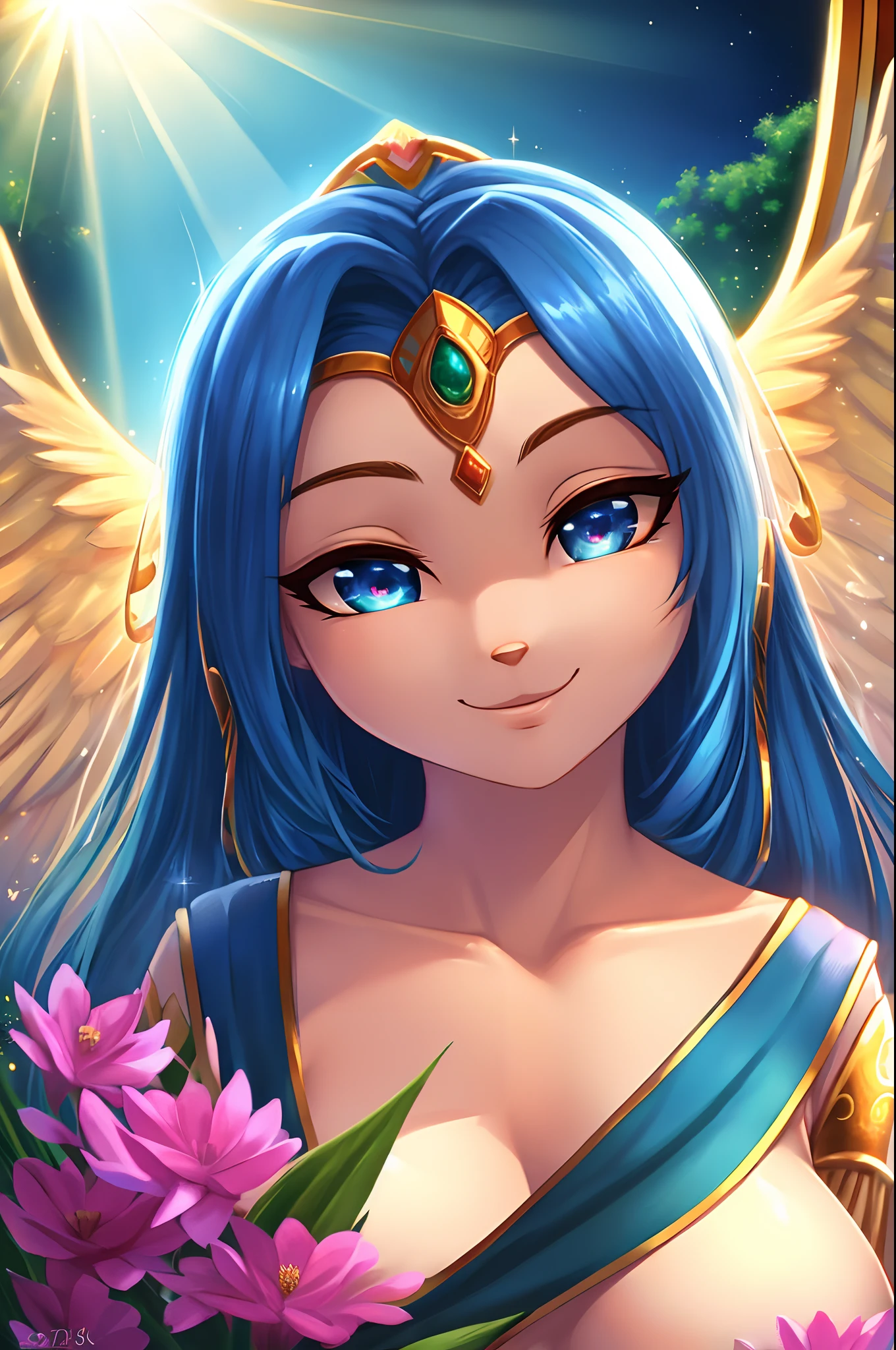 (Best quality, 4k, 8k, highres, masterpiece:1.2), ultra-detailed, realistic, (photorealistic:1.3), palutena, angel gaze, beautiful detailed eyes, beautiful detailed lips, extremely detailed eyes and face, longeyelashes, angel wings, angelic, hearts, love, grasping her breasts, vivid colors, portraits, soft lighting, romantic, colorful palette, ethereal, heavenly, serene, halo, celestial environment, sparkling stars and galaxies, cascading golden light, rays of divine energy, luminous and radiant, flawless complexion, royal blue gown, tranquility, harmony, divine beauty, joyful expression, boundless love and affection, enchanting presence, sunshine filtering through the clouds, floating in the air, gentle breeze, peaceful garden, serenity and bliss, heavenly light shining upon her, glowing aura, inner peace and happiness, blissful smile on her face, love in her eyes, celestial realms, angelic presence, sacred and pure, loving and compassionate gaze.