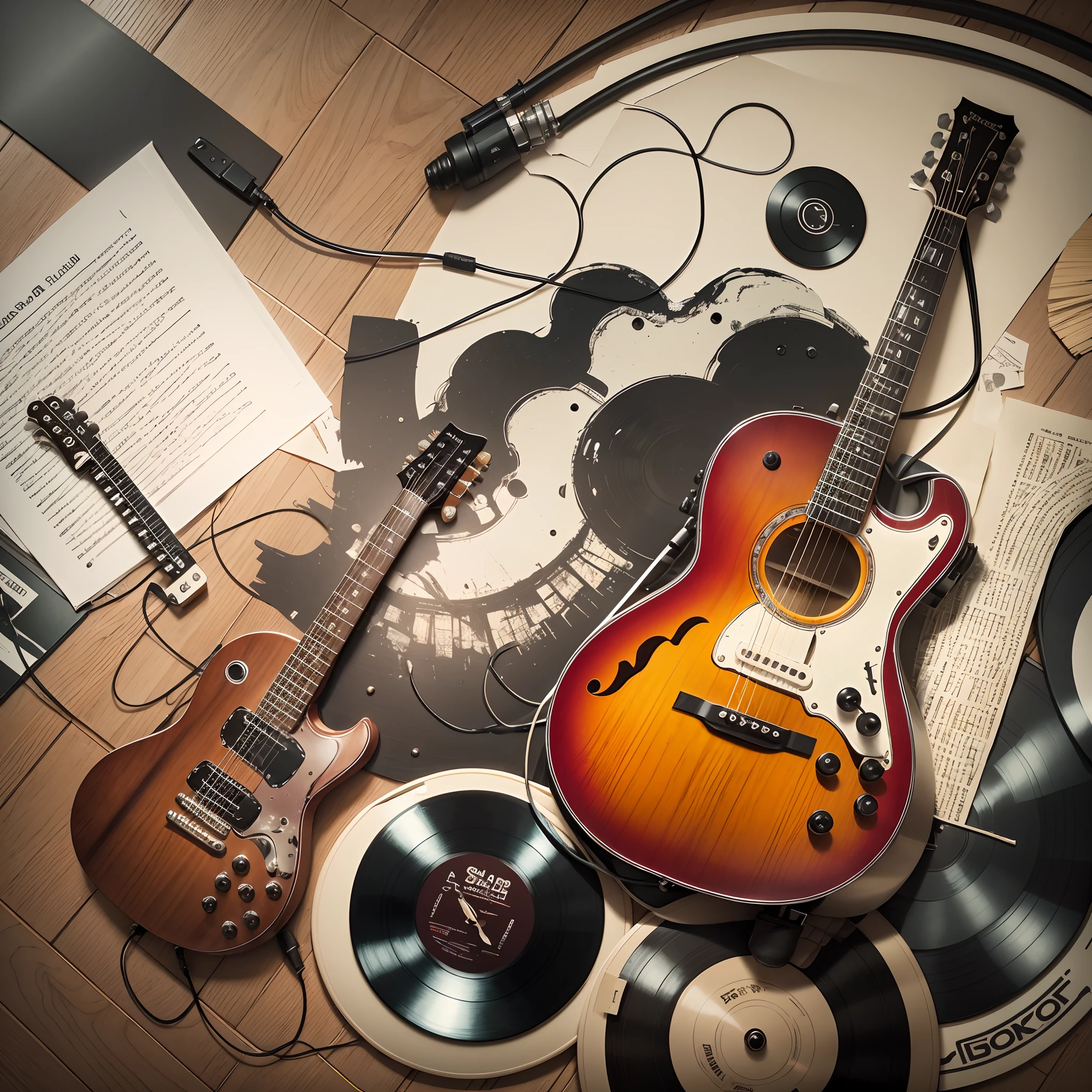 a composition with a guitar, vinyl records, headphones and music notes --auto --s2
