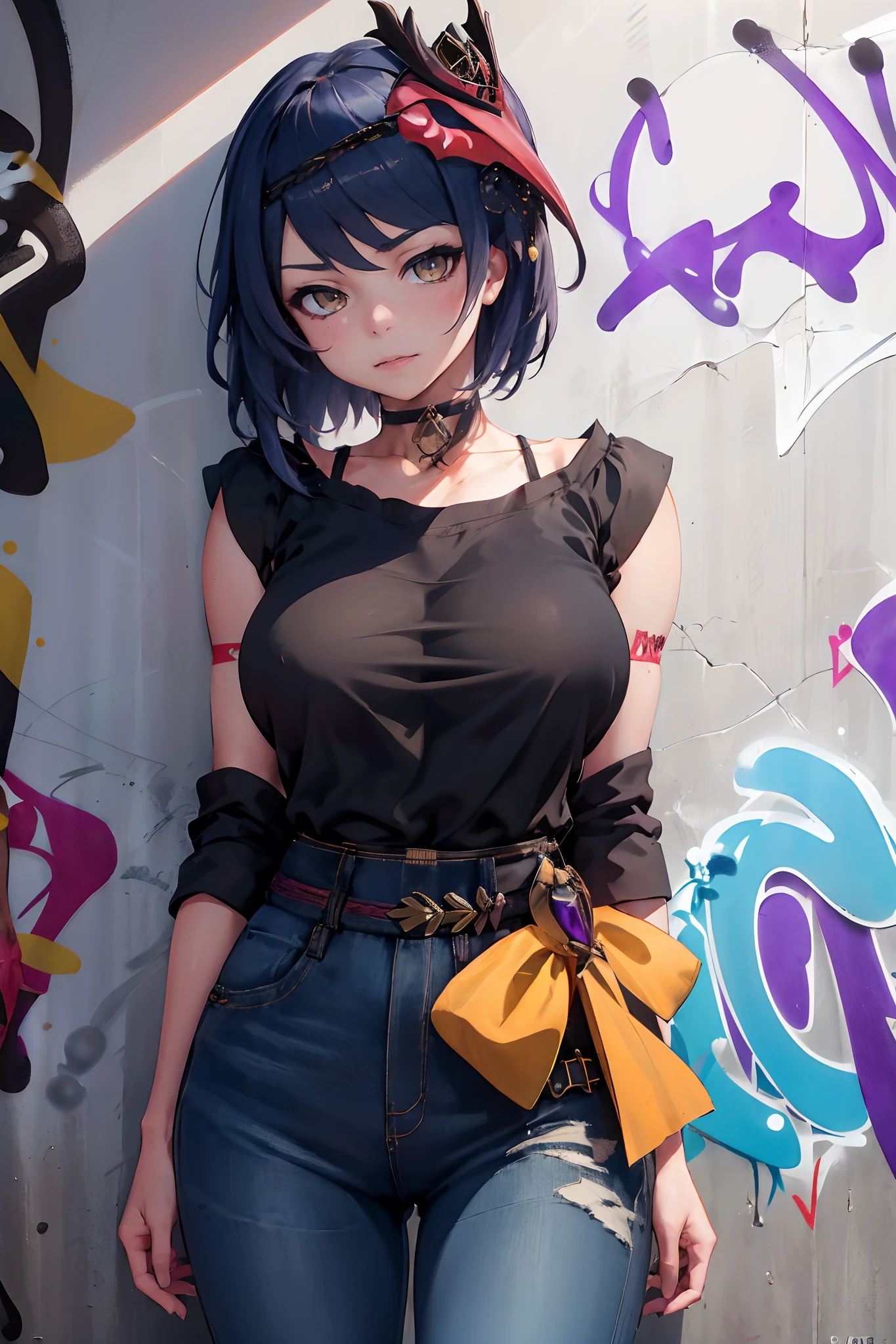 Kujou Sara Genshin Effect, masterpiece, bestquality, 1girls, oversized breasts, bara, dress shirt, Long Jeans, choker, (Graffiti:1.5), Splash with purple lightning pattern., arm behind back, against wall, View viewers from the front., Thigh strap, Head tilt, bored, water eyes,