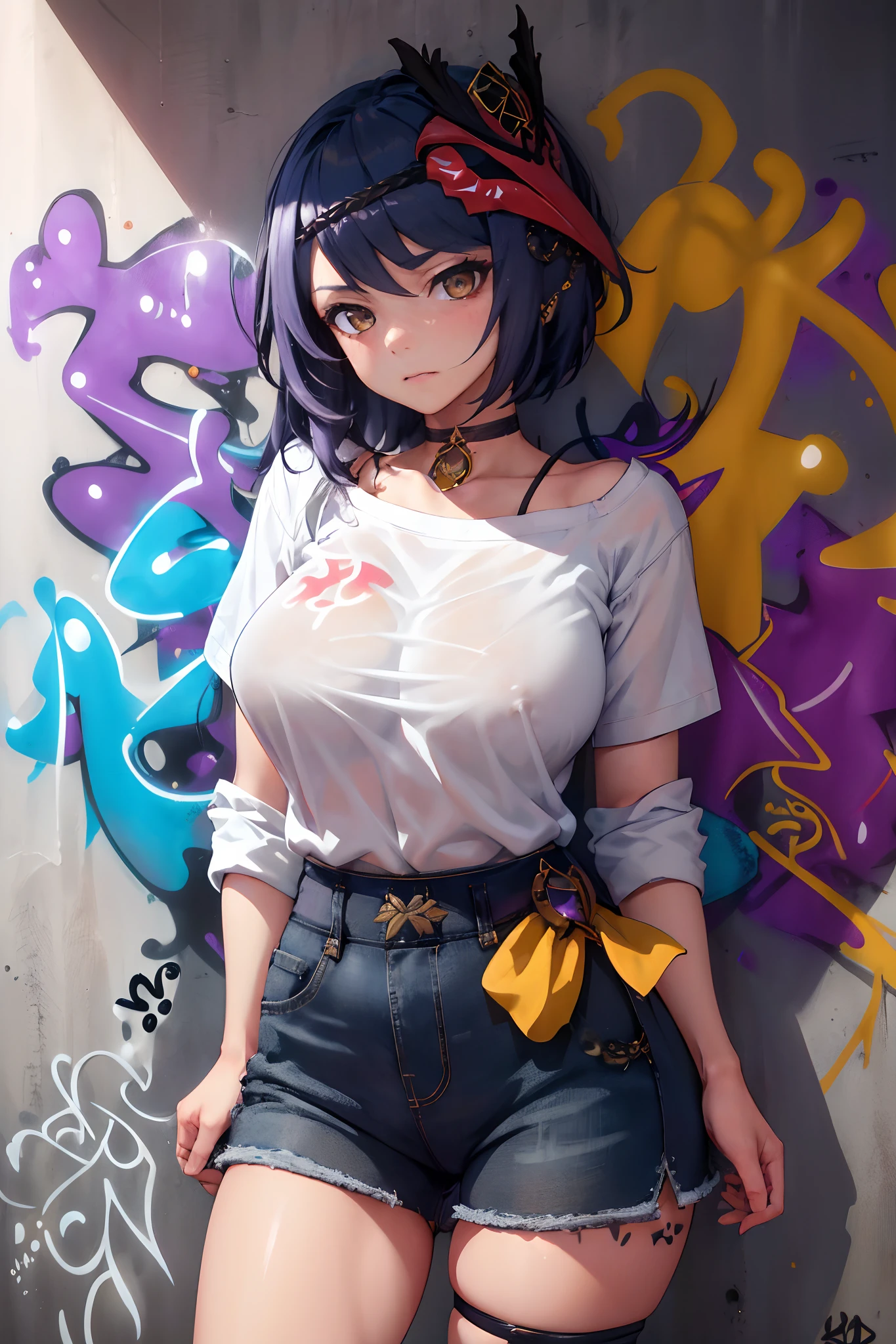 Kujou Sara Genshin Effect, masterpiece, bestquality, 1girls, oversized breasts, bara, dress shirt, Long Jeans, choker, (Graffiti:1.5), Splash with purple lightning pattern., arm behind back, against wall, View viewers from the front., Thigh strap, Head tilt, bored, water eyes,