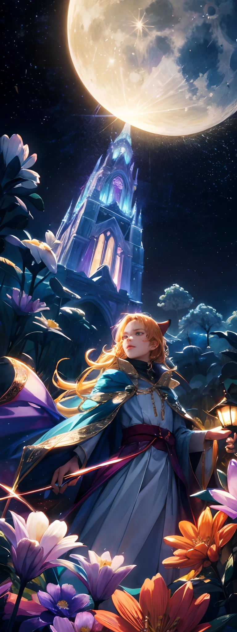 Expansive landscape photograph,(look from down,Above is the sky,Below are open fields),A wizard stood on a field of flowers and looked up,sky-high tower,(moon full:1.2),(meteors:0.9),(Starcloud:1.3),Far Mountain, Tree BREAK making art,(Warm light source:1.2),(glowworm:1.2),lamp lights,Lots of purple and orange,Complicated details,Volumetriclighting,Realism BREAK(tmasterpiece:1.2),(best qualtiy),4K,Ultra-detailed,(dynamic compositions:1.4),The is very detailed,Colorful details,(Irridescent color:1.2),(luminouslighting,Atmospheric lighting),dream magical,magical,(独奏:1.2)