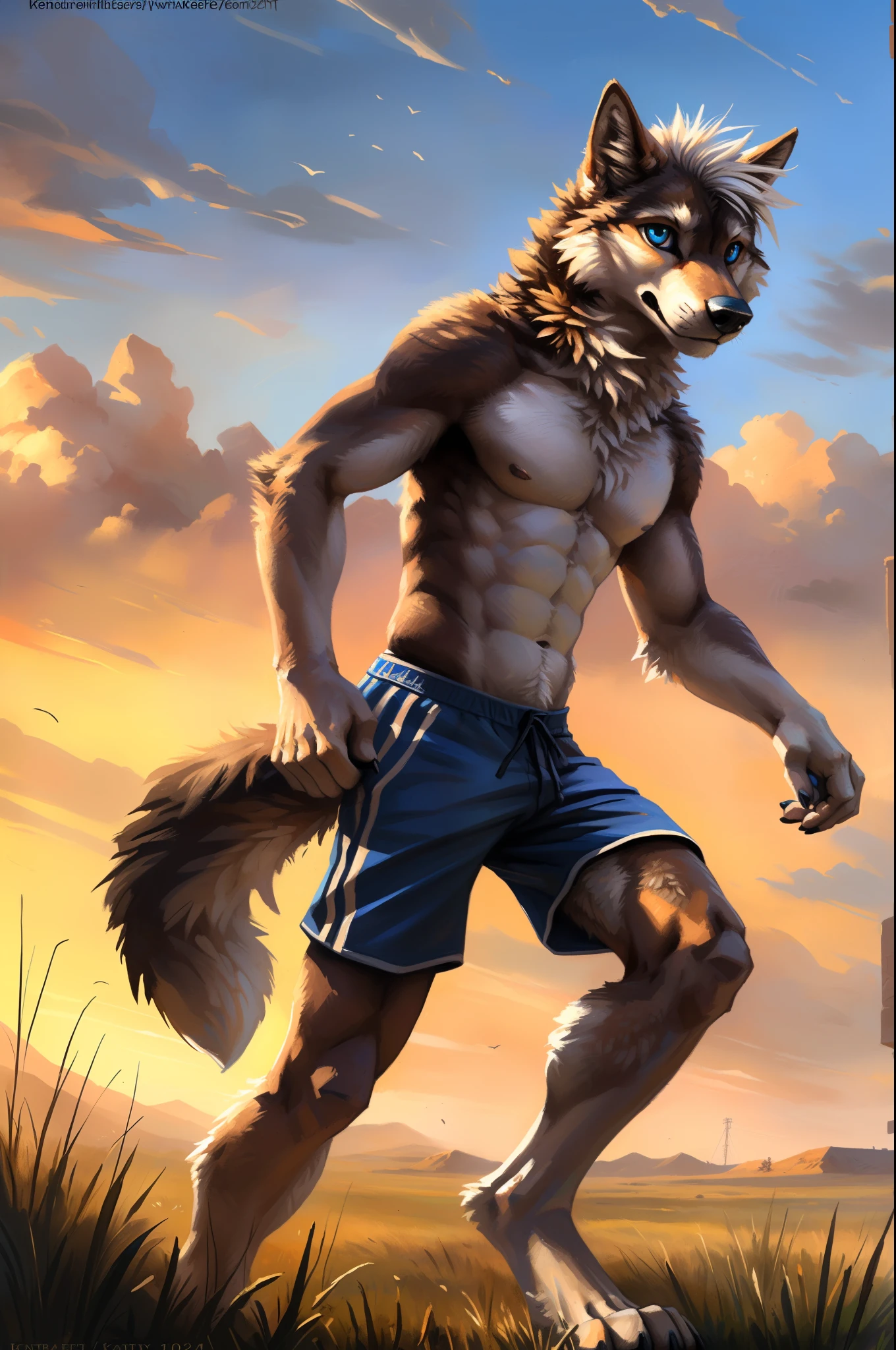 ((Solo)), male people, anthro wolf, (Multi-colored fur, White-brown:1.3), ((Wolf face, White hair, Big eyes, White eyelids, Blue pupil, Slim:1.2) (Tough, Calm expression:1.2)), Abs, Slim, pinging)), (Correct anatomy), (Work shorts:1.1), (Contour bone:1.2), The upper body is naked, (detailed outfits),A big tail，Feet，(Realistic fur, Detailed fur texture, labeled:1.3)), (Natural lighting), Photorealistic, Hyperrealistic, ultradetailed, by Kenket，Endless grasslands，No buildings，Running on