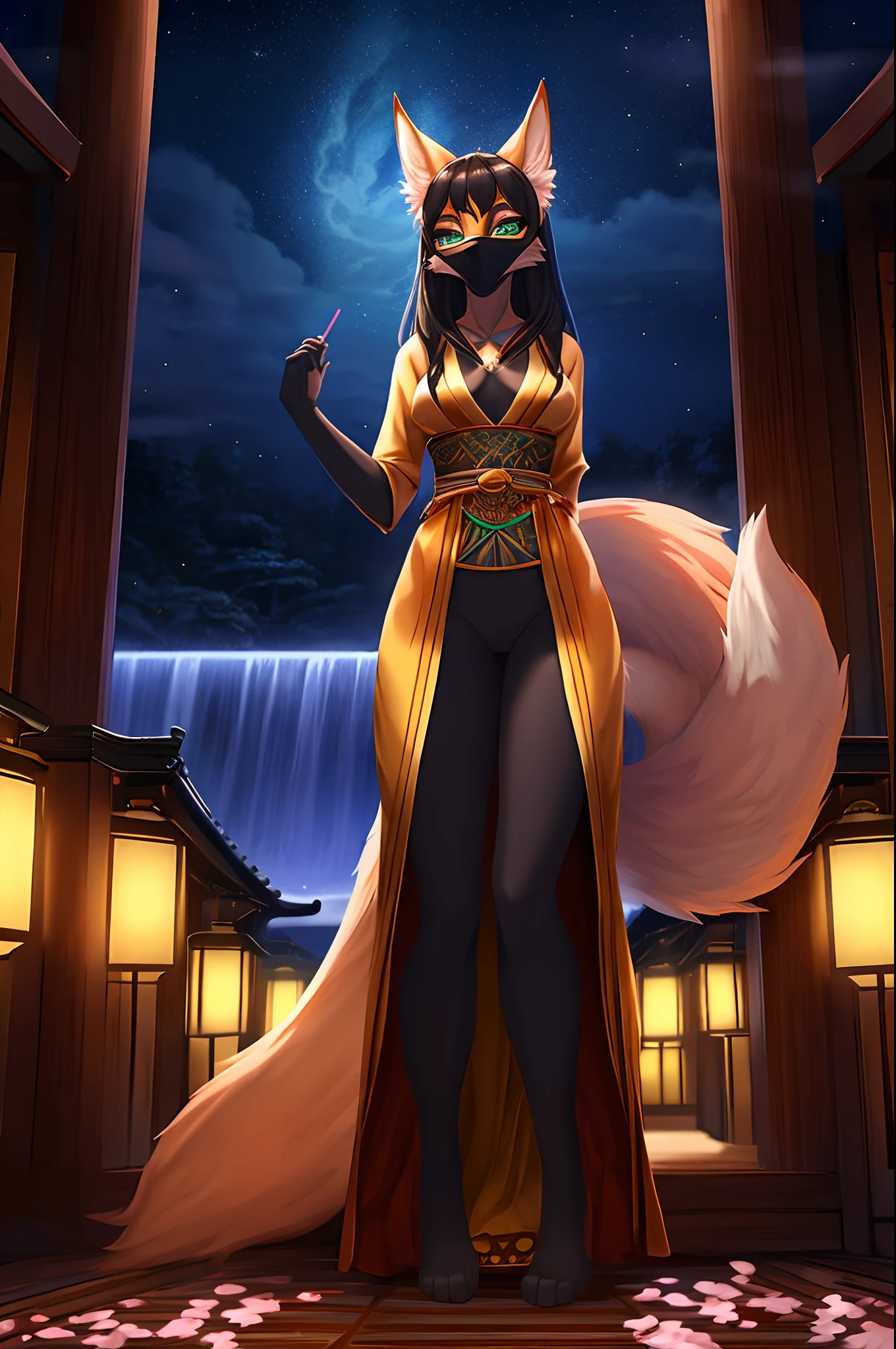(Best quality:1.2, ultra-detailed, photorealistic:1.3), colorful, brightly lit night scene, enchanting atmosphere. Beautifully detailed nine-tailed kitsune woman, with captivating emerald eyes, rosy cheeks, and silky long black hair flowing in the breeze. She has a slim and graceful figure, with a slender waist and long legs. Her petite frame is adorned with revealing traditional Japanese clothing, showcasing her alluring curves and assets. The kitsune woman stands in front of a majestic Japanese temple, illuminated by the soft glow of lanterns. The temple is decorated with intricate carvings and vibrant cherry blossoms, symbolizing beauty and renewal. The night sky is filled with sparkling stars, creating a magical backdrop. The kitsune woman's elegant posture exudes confidence and elegance, as she holds a mystical fox mask, adding an element of mystery to the scene. The ambience is filled with tranquility and a sense of wonder, inviting viewers to immerse themselves in the enchanting world of the nine-tailed kitsune.