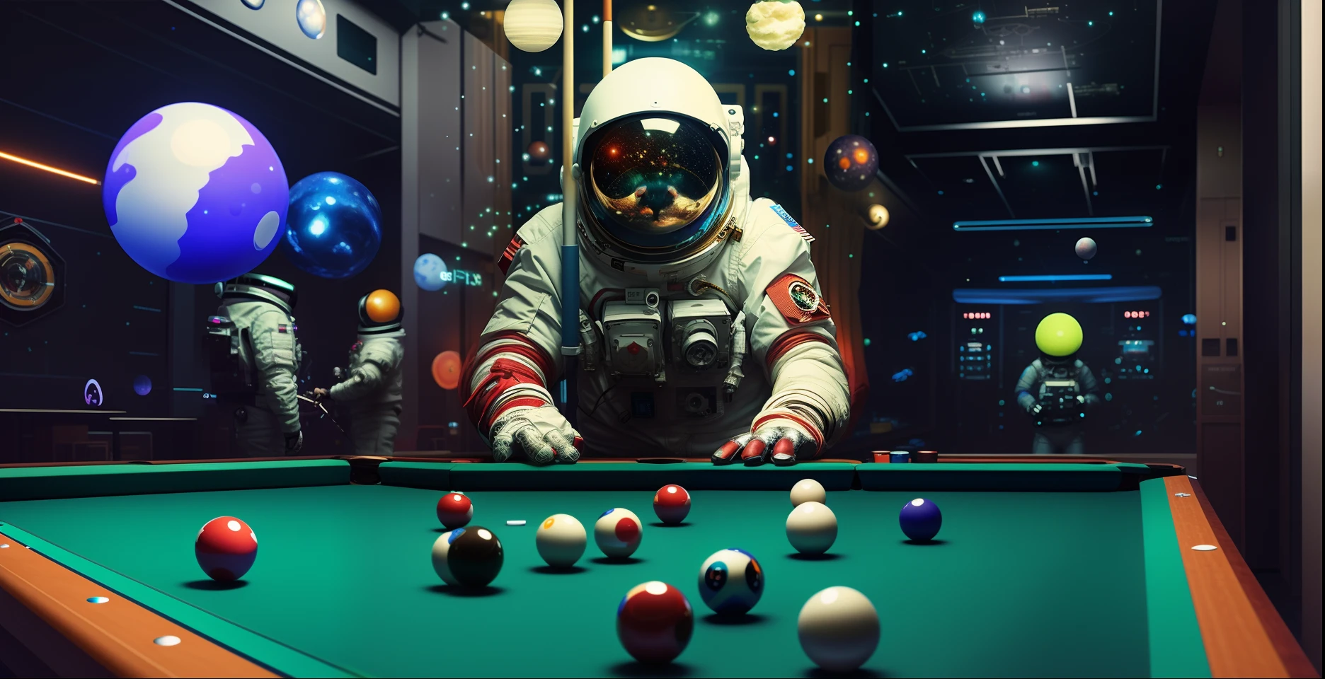 Astronauts play billiards in spacecraft balls and clubs, beeple style, style hybrid mix of beeple, beeple. hyper photorealism, beeple masterpiece, in the style of beeple, Inspired by Beeple, beeple daily art, beeple art, beeple artwork, beeple |