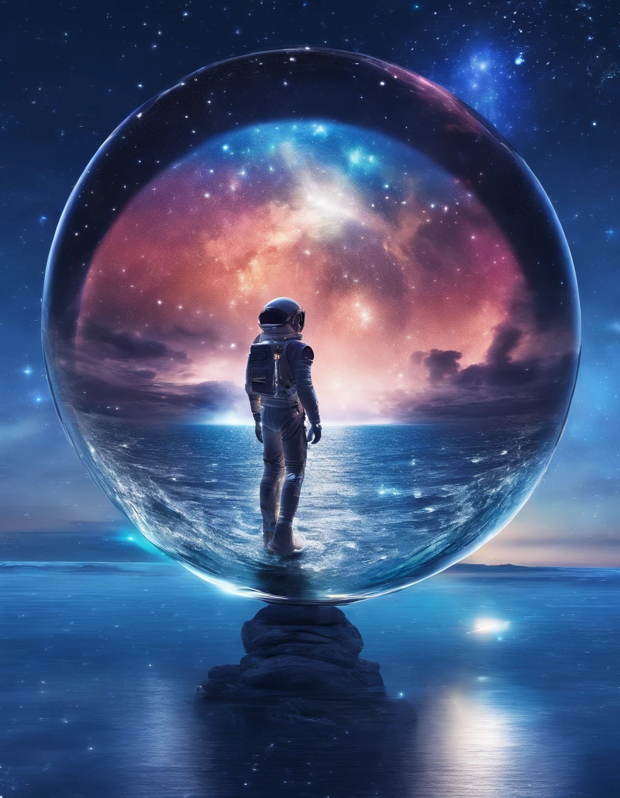 running man in the Sphere glass, he is human, he run on water face ,view from back of the man, glass transparent apple floating over clear water, universe background, deep blue sky with stars and moon,