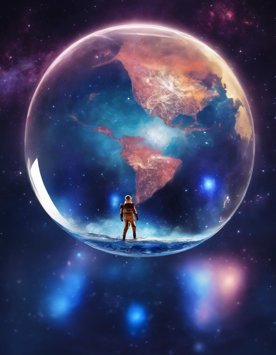 running man in the Sphere glass, he is human, he run on water face ,view from back of the man, glass transparent apple floating over clear water, universe background, deep blue sky with stars and moon,