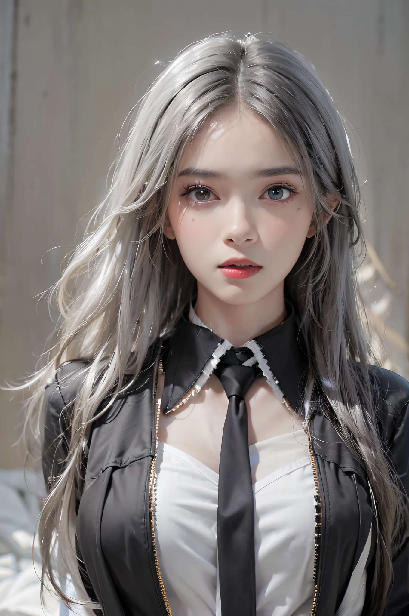 Photorealistic, high resolution, 1 Women, Solo, Waist up, Beautiful eyes, Close lips, Detailed face, White hair, Long hair, Collared shirt, black necktie,Black skirt, pencil skirts, Fur coat, Stockings