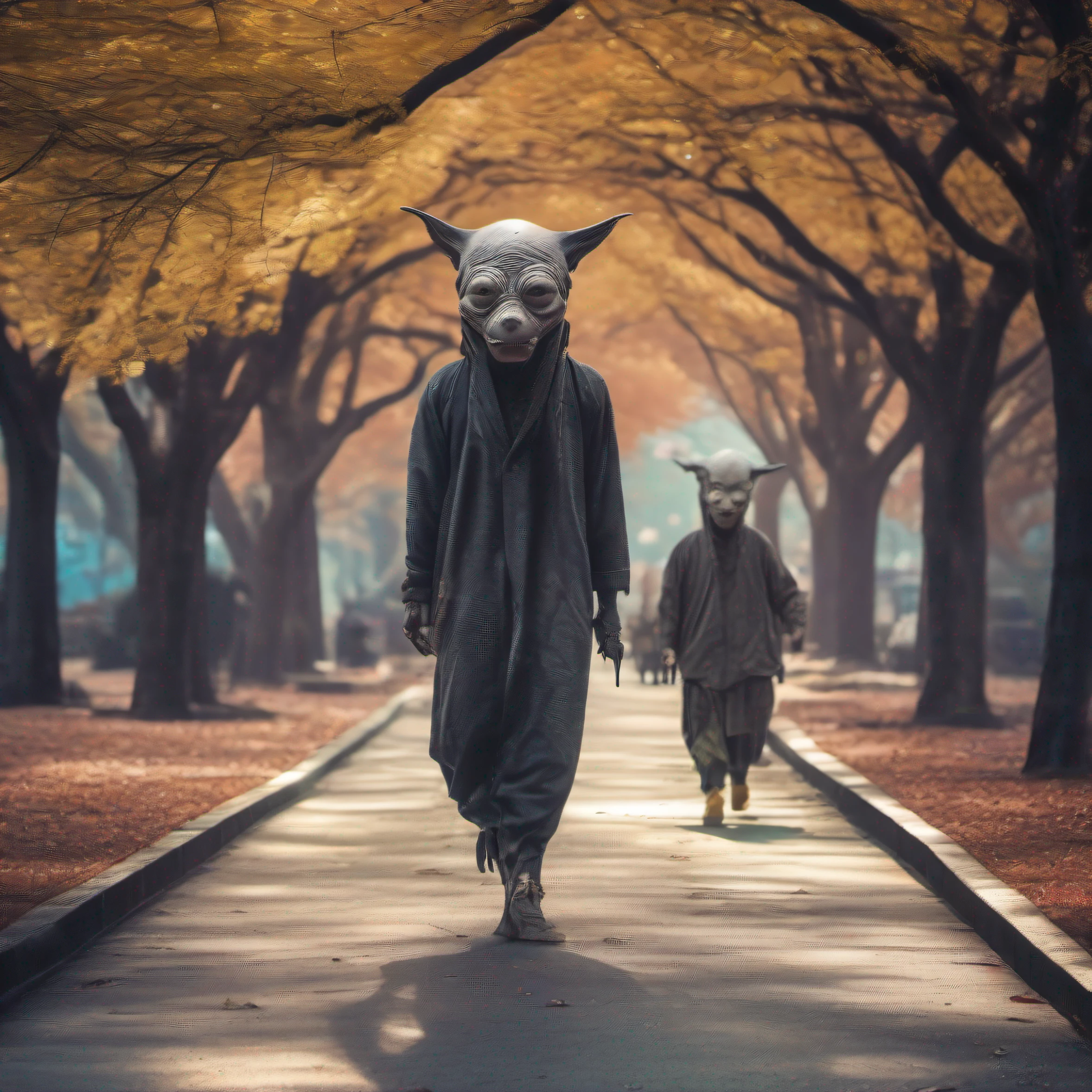 Three hairless monsters、It is in the shape of a person、with no face、Way back、Stroll through the park、horor、terrorism、streetlights、A Japanese style、a picture、realisitic、fulcolor、High quality, Realistic、photographrealistic、Raw photo、Photography, Hyper Detailed、intricate-detail、amazing shading、High contrast