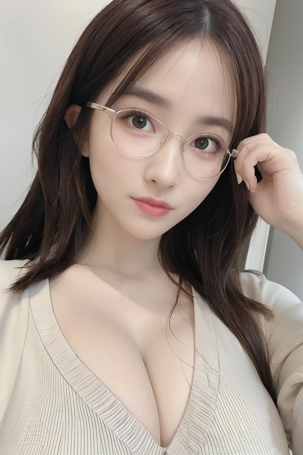 (8K, Best Quality, Masterpiece: 1.2), (Realistic, Photorealistic: 1.37), Best Quality, Masterpiece, Absurdity, Huge File Size, Ultra High Definition, Very Elaborate Girl, Very Elaborate Eyes and Face, Beautiful Eyes, Brown Eyes, Facing Forward, Look at the Beholder, Upper Body, Glasses, Straight Hair, Sweater, Middle Breast, Cleavage