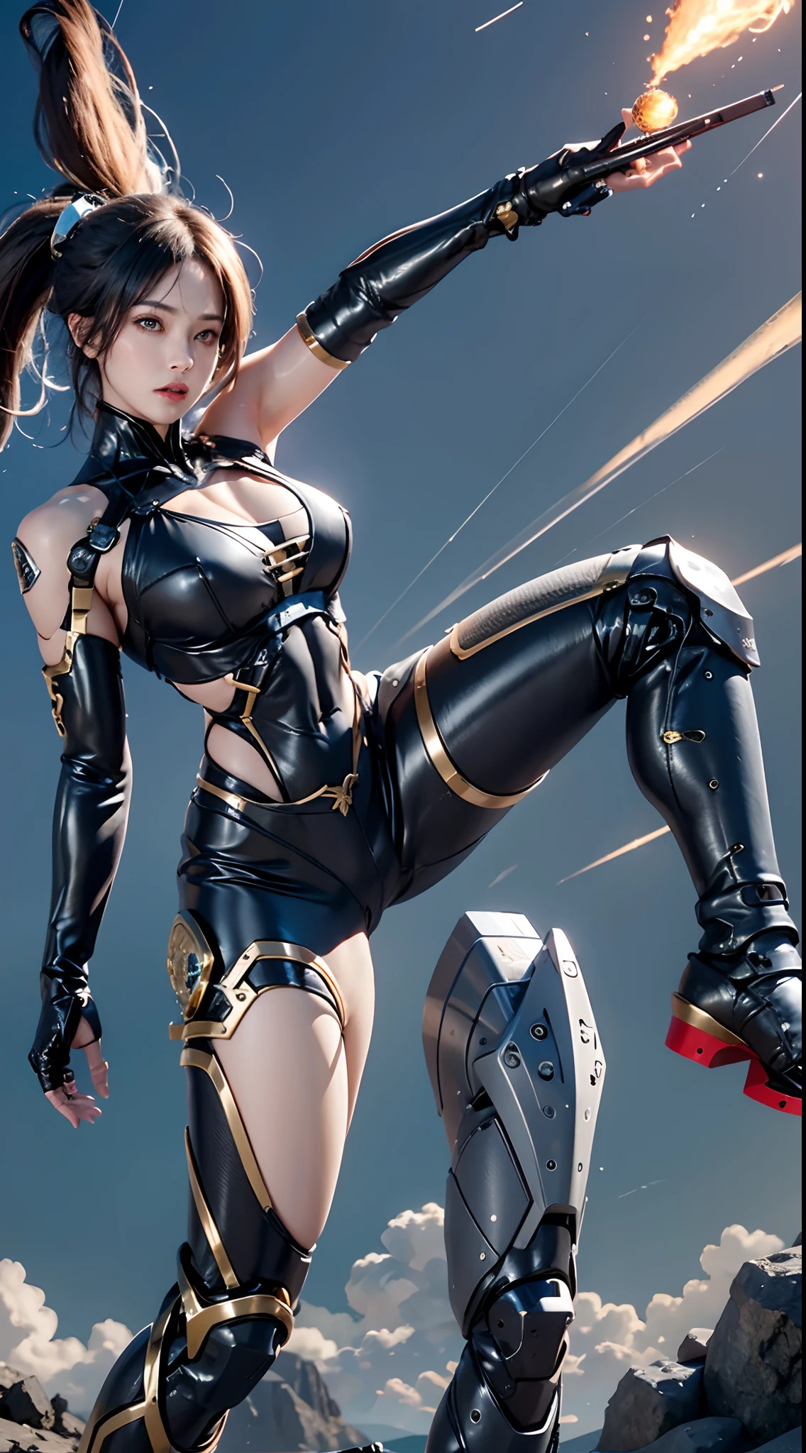 photorealistic, high resolution, 1women, mature female, solo, hips up, robot, anatomically perfect woman,carbon fiber,tactical, black metal, wiring,glowing eyes,artificial muscle,exposed machinery, full robot body, Kicking the neck, shorts, high chest kick, Action, side kick, Background blue sky, BG blue sky.
