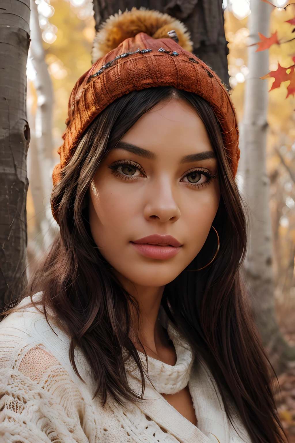 solo woman, in front of fall aspen trees, (highest quality texture), (vivid fall colored leaves: orange, red, burnt sienna, naples yellow, green leaves) on the aspen trees, carved orange pumpkin in background, (ultra-realistic pumpkin textures, coloring) film quality, dark skinned woman dressed in high style fashion, she wears red velvet scarf, (highest level red velvet texture detail, luxurious), (extreme detail of her lips ), she wears fuzzy (thick cable knit stocking cap) pulled to her brow, (extreme knit hat detail texture), she's in front of beautiful fall aspen trees ,soft accent autumns light, (ultra-real), crisp gorgeous rembranndt like lighting, (Rembrandt patch), (highest quality window details), fall mountain aspens trees in background, silky long dark hair, hair bangs to her eyes, every detail,Fine facial features, Masterpiece – Masterpiece ○○ quality – ○○ quality best quality(Highest Quality) ,Leica film, best, solo female, High quality (hiquality)　etc ○○ detailed – ○○ details ultra detailed(Ultra-fine ), Photorealistic, Extremely detailed(Extremely detailed) , Finely detailed(Fine-grained), (highest detail skin texture peachfuzz earlobe realistic), (highest detailed lips, lipgloss),　etc ○○ res – ○○ resolution ultra high res(A high resolution) , very high texture res(light resolution), Realistic – Realistic Photorealistic – photorealistic beautiful – beautiful 4k , 8K,extreme detail of nature, dreamy, close and intimate, she looks to viewer, captivating eyes looking at us, (highest quality eyes: pupil, eyelashes, sciera, iris ((iris is ultra-realistic details of deep color))), calming and relaxed in fall photoshoot