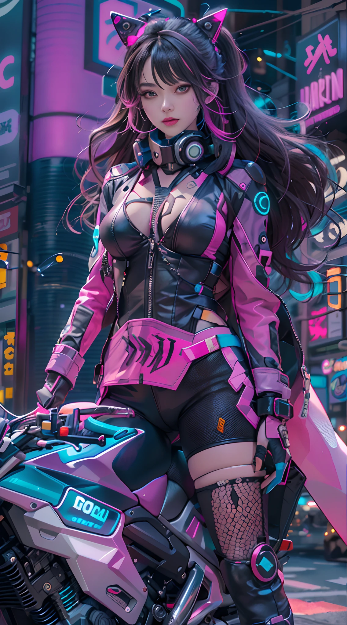 masutepiece, Best Quality, Confident cyberpunk girl, Full body shot, ((Stand in front of the motorcycle)), Pop costumes inspired by Harajuku, Bold colors and patterns, Eye-catching accessories, Trendy and innovative hairstyles, Bright makeup, Cyberpunk dazzling cityscape, Skyscrapers, neon signs, led lights, Bright and vivid color scheme, Anime, Illustration, Detailed skin texture, Detailed Cloth Texture, beautifull detailed face, Intricate details, ultra-detailliert.