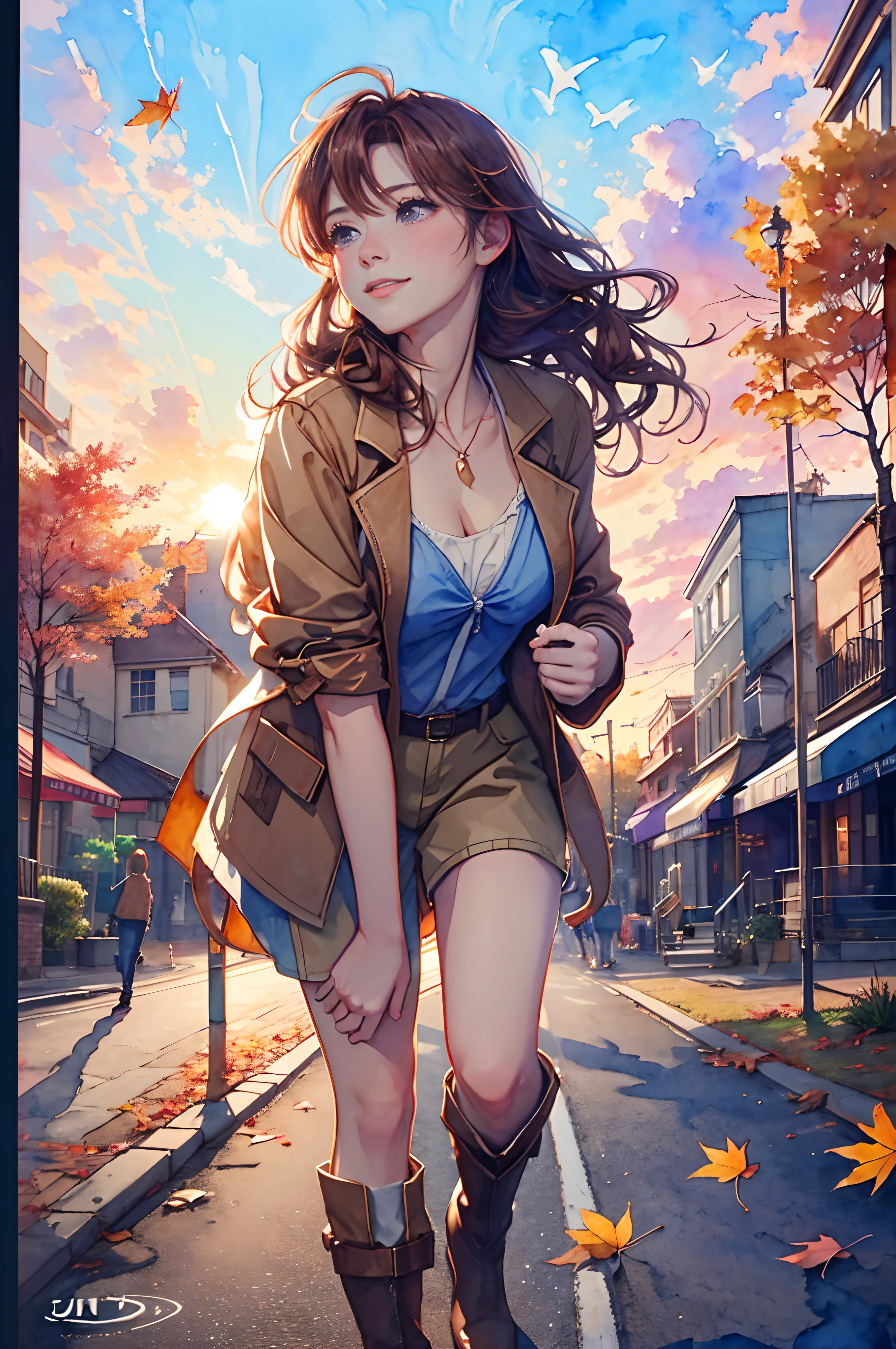 8K, masutepiece, Highest Quality, (From below),a closeup , 1 woman at 25 years old,A slight smil, Long wavy brown hair,Breasts are big,City walk in autumn,Street Trees, (Sunset sky:1.2),Portrait, watercolor sketch, Falling leaves flutter, watercolor paiting(/Medium/), watercolor paiting, (Blouse without a plain white collar:1.2), (Brown jacket:1.3),(JINS:1.3),(Leather Short Boots:1.2),watercolor paiting