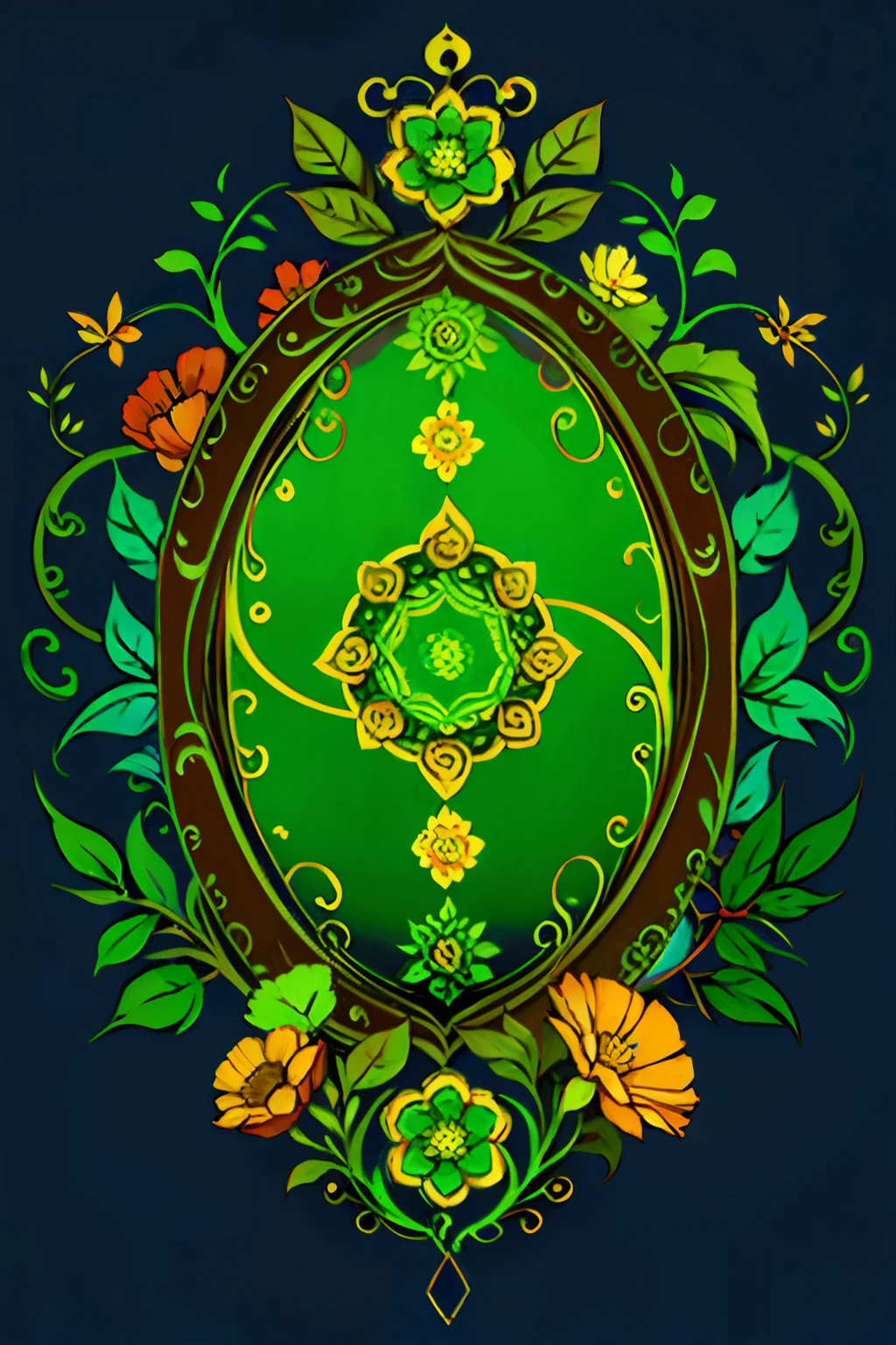 A round ornamental six pointed mandala made of radiating green vegetation, plants, flowers and vines.