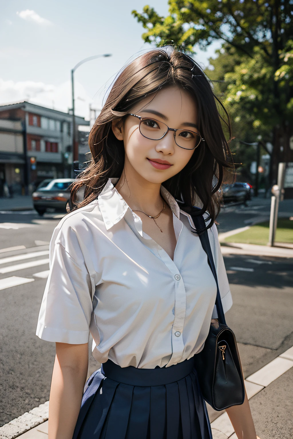 Top image quality、超A high resolution、masutepiece、Photoquality(photographrealistic:1.8)、Delicate skin texture、accuracy、Japan women、17 age、Girl Smile、A dark-haired、Cute dimples、Non-makeup、Medium straight hair、Boyish girl、Black-rimmed glasses、Slender girl、Smaller chest、Flat-breasted、Look straight at me、hi-school girl、White short sleeve blouse、White shirt with collar、The hem of the shirt is protruding、Dark blue blazer、Japanese high school girl、校服、Blue Ribbon Tie、Dark blue box pleated skirt、Bring a student bag、laughing out loud、Bus stop bench、Midsummer Sun、blue open sky、