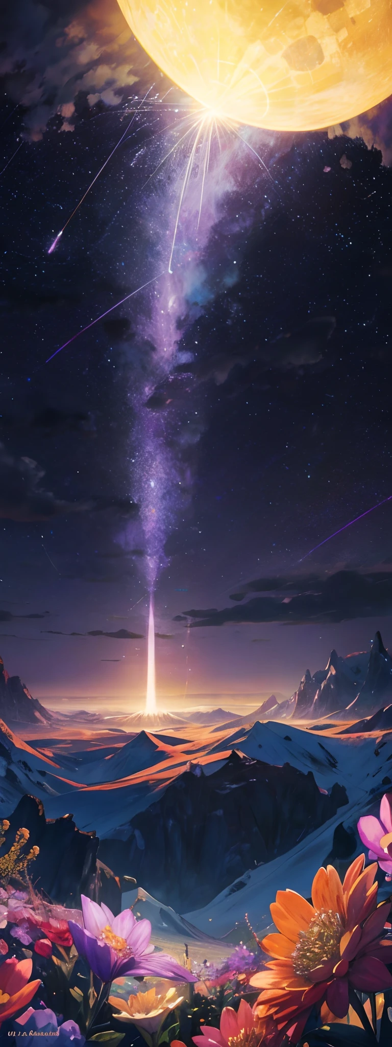 Expansive landscape photograph,(look from down,Above is the sky,Below are open fields),A wizard stood on a field of flowers and looked up,sky-high tower,(moon full:1.2),(meteors:0.9),(Starcloud:1.3),Far Mountain, Tree BREAK making art,(Warm light source:1.2),(glowworm:1.2),lamp lights,Lots of purple and orange,Complicated details,Volumetriclighting,Realism BREAK(tmasterpiece:1.2),(best qualtiy),4K,Ultra-detailed,(dynamic compositions:1.4),The is very detailed,Colorful details,(Irridescent color:1.2),(luminouslighting,Atmospheric lighting),dream magical,magical,(独奏:1.2)