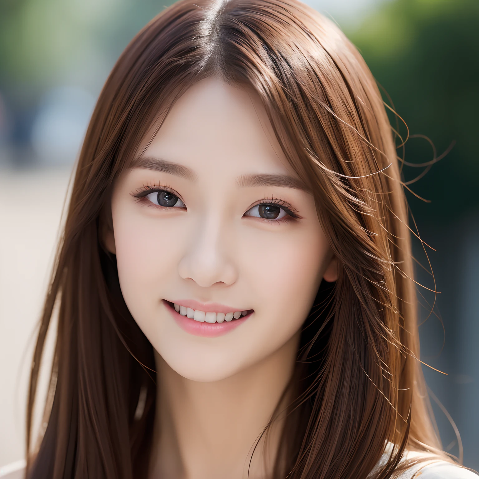 ((top quality, 8k, masterpiece: 1.3)), 1 girl, smile, full body, slim face, pretty woman, (brown hair), full-length dress: 1.1, ultra detailed face, detailed eyes, double eyelids, blurred background, slim face, city, outside, street,