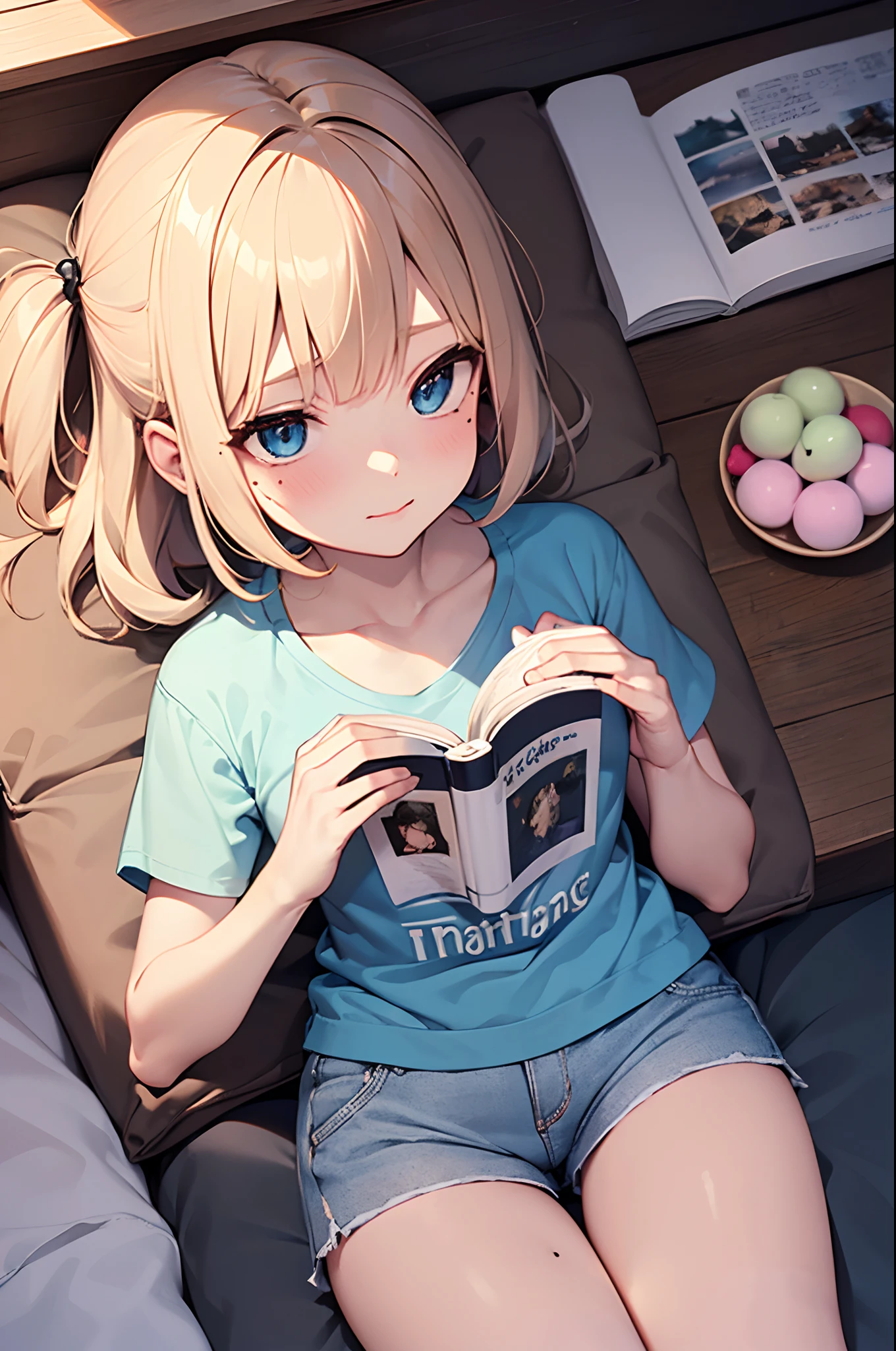 Girl with a nasty appearance:1.3）、(on the beds:1.5)、(and chest:1.4)、Raw photography, top-quality, hight resolution, (​masterpiece), (Photorealsitic:1.4), (Mole under the eyes),Anime Cosplay, foco nítido, nffsw, 8K分辨率, intricate detailes, depth of fields, the Extremely Detailed CG Unity 8K Wallpapers, front lit, femele,25-years old、 Melancholy face、Sparse、(Odango Hair:1.5)、(Lying down:1.5)、see -through、(medium blonde)、blue eyess,(Holding a half-read book in your hand:1.5)、(T-shirt and hot pants:1.3)、Angle from directly above、Reading a book、Unmotivated look