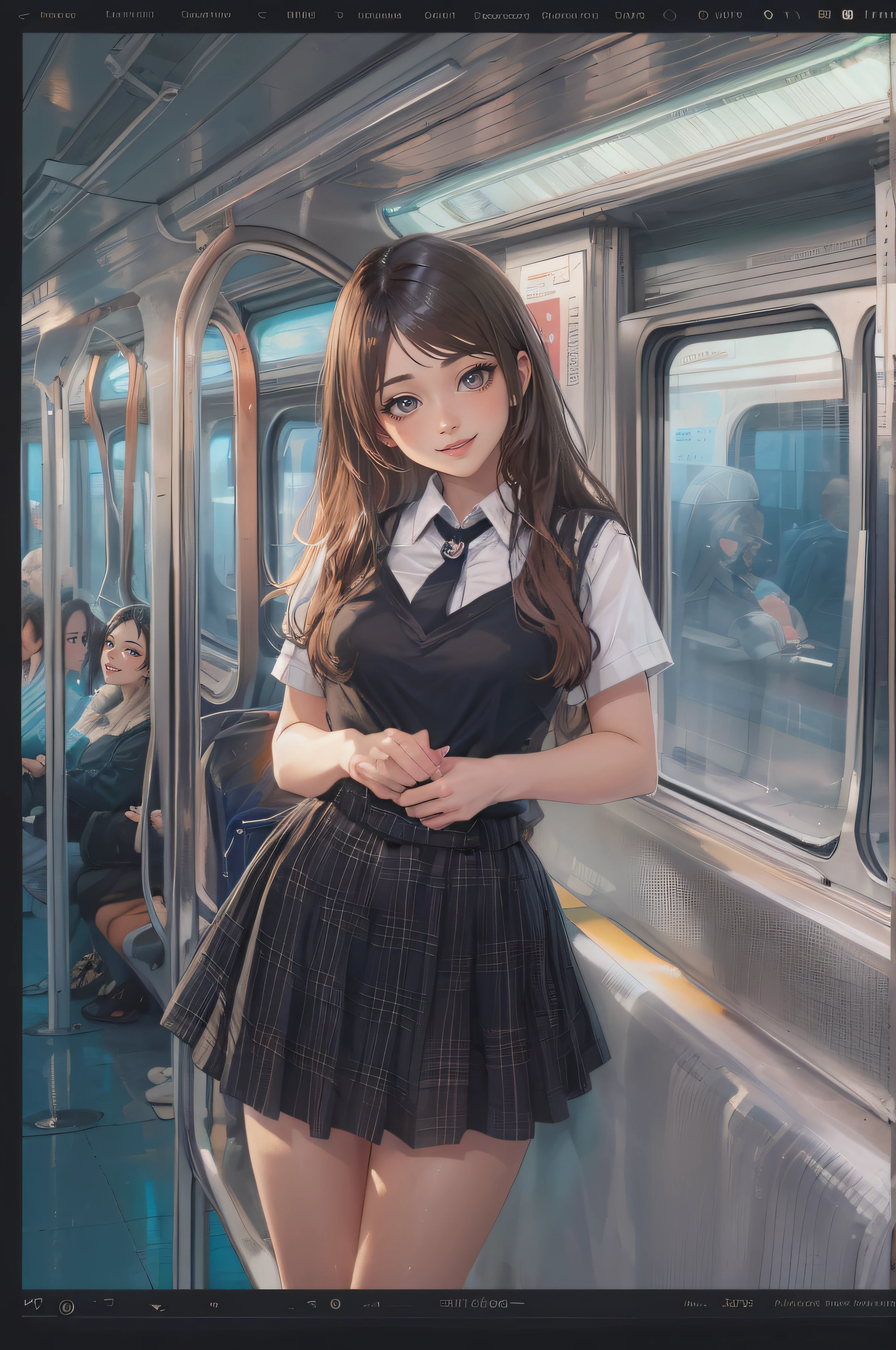 ((A sexy and beautiful woman is staring at me on the commuter train)), ((cutest 22-year-old beauty)), ((charming smile)), ((very long hair) ) , ((Mini Skirt)), ((Rich Bust)), Gradient Eyes, Seductive Makeup, Single View, NFFSW, UHD, Retina, Masterpiece, Accurate, Anatomical, Scientifically Correct, Textured Skin, Super Detail, high detail, high quality, award winning, highest quality, high resolution, 1080P, HD, 4K, 8k, 16k