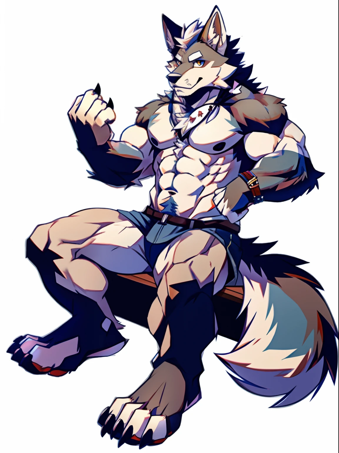 Human-wolf，musculous，Hairy all over，clawed paws，erect through