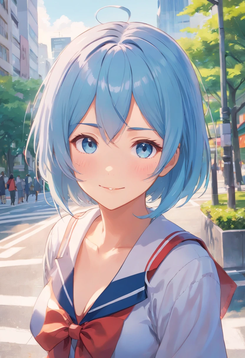 The chest is particularly large, schoolgirl, Sexy translucent sailor school uniform, japanese school girl,
Smiling, ((Blushing)), Close-up, angle of view, Focus on the face and chest, (Masterpiece, Top quality, Perfect anatomy, Beautiful face, Realistic, Super detailed, 1 girl, 18 Old Ear Solo, Depth of field, Canon 24mm lens, F1.4, Cute_Girl, neck chain, Clear facial features,, Large breasts, Huge breasts, Slender height, 180cm tall, Barefoot, Short light blue hair, Blue eyes , Gravure pose, indoor, City Park Blurred background, (uwabaki: 1.1576),