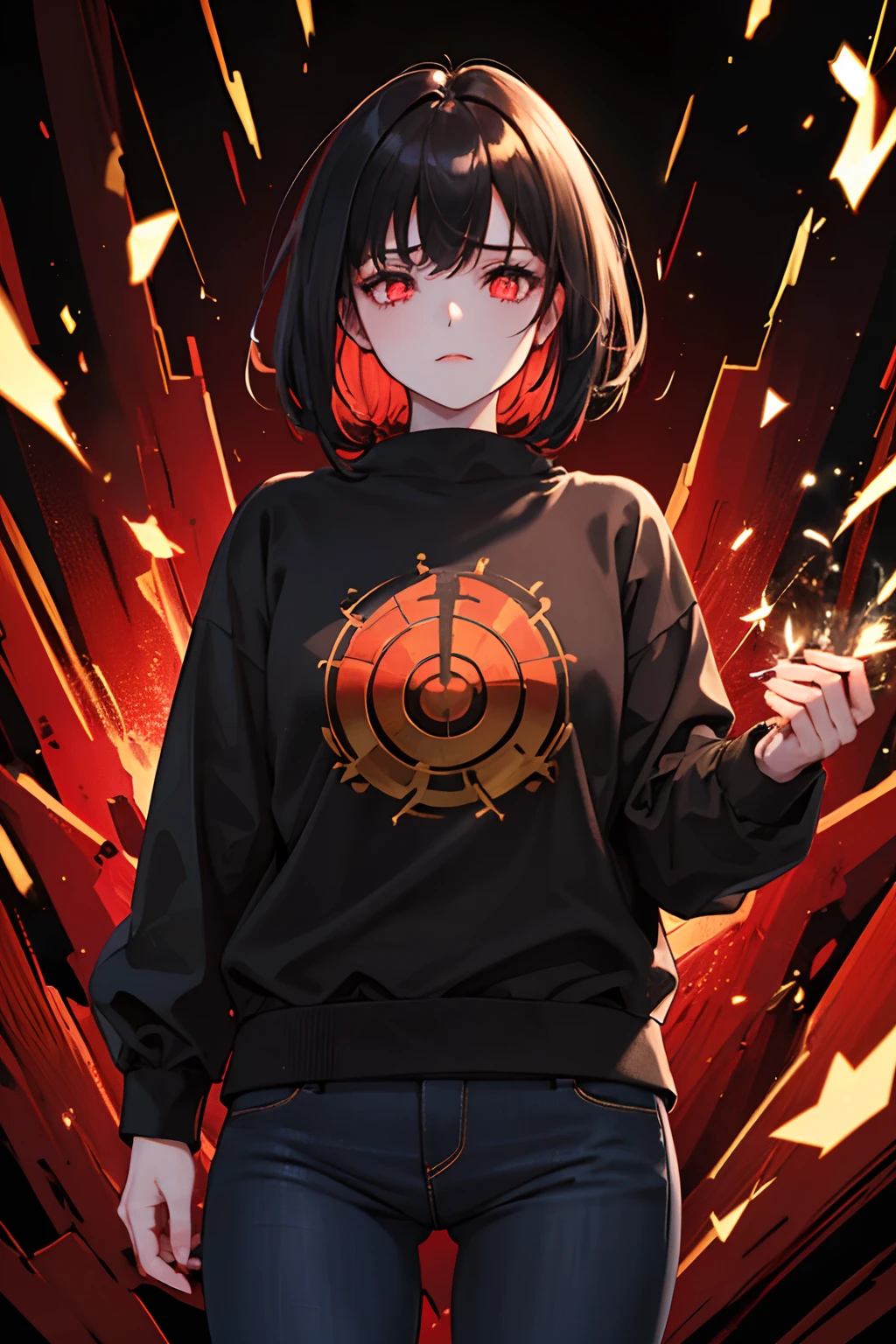 (best quality, highres),girl in a black sweatshirt, black jeans, medium-length black hair, pale skin, bright red glowing eyes, (magic:1.1), (sparks:red and gold), (mysterious aura), (dark background), (fairytale), (dramatic lighting), (vivid colors)