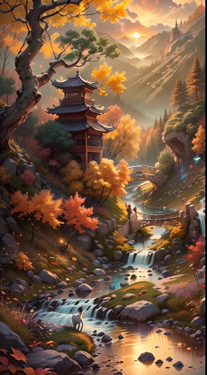 (Small bridges and flowing water,Ancient road west wind thin horse,Sunset,Broken intestines are at the end of the world)(Ancient trails lead into the distance),(A small arch bridge spans a small river:1.1),(The river meanders into the distance),(The sky is windy,Fluttering yellow leaves),(A skinny white horse is pacing:1.1),(The vista is an oblique view of the sunset),(The afterglow of the setting sun shines through the clouds),(Autumn tones),(Ancient Chinese feng shui landscape painting style),(Masterpiece),(A complete painting),(Extremely detailed picture),(light and shadow effect),(Movie lighting),(cinema4d),(Light particle tracing),(rendering by octane),(Unreal 5),(Layered artistic effects),(Best Painting),(Master painting),(8K分辨率),photorealestic,realisticlying