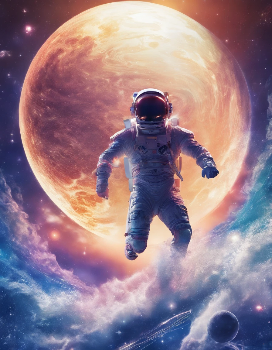 running man in the Sphere glass, he is human, he is running fast, he wear sport clothes and running shoes, sweat, he run on water face ,view from back of the man, glass transparent apple floating over clear water, universe background, deep blue sky with so much stars, moon,