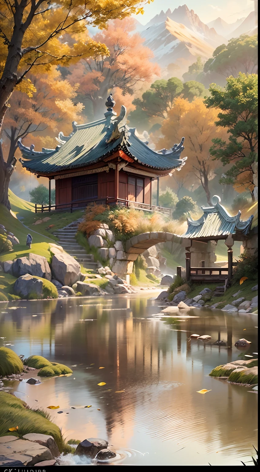 (Small bridges and flowing water,Ancient road west wind thin horse,Sunset,Broken intestines are at the end of the world)(Ancient trails lead into the distance),(A small arch bridge spans a small river:1.1),(The river meanders into the distance),(The sky is windy,Fluttering yellow leaves),(A skinny white horse is pacing:1.1),(The vista is an oblique view of the sunset),(The afterglow of the setting sun shines through the clouds),(Autumn tones),(Ancient Chinese feng shui landscape painting style),(Masterpiece),(A complete painting),(Extremely detailed picture),(light and shadow effect),(Movie lighting),(cinema4d),(Light particle tracing),(rendering by octane),(Unreal 5),(Layered artistic effects),(Best Painting),(Master painting),(8K分辨率),photorealestic,realisticlying