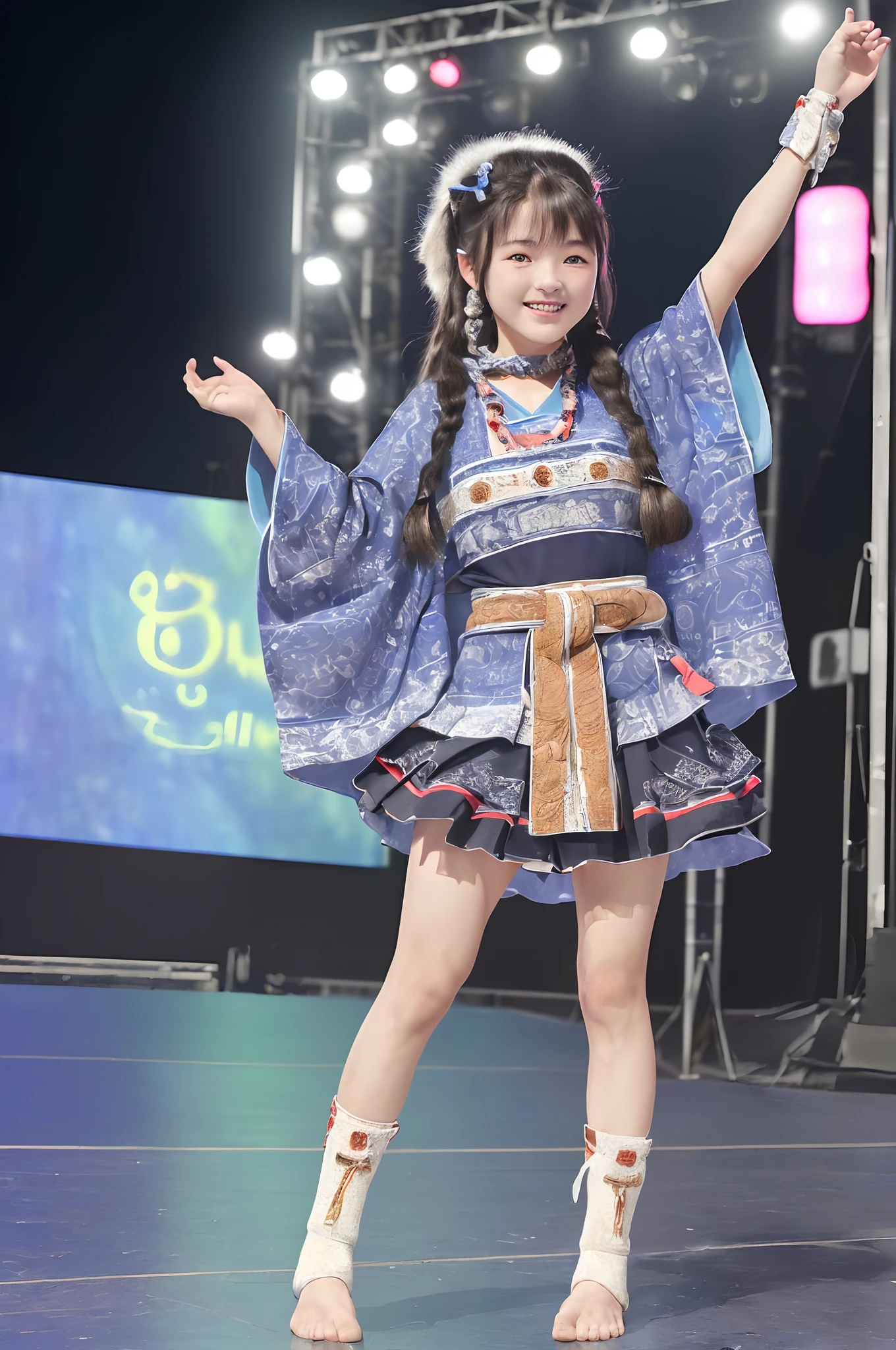 ((8K、Raw photography、Top image quality、​masterpiece、:1.2)), (realisitic、Photorealsitic:1.3), Ainu female idols, Cute 15 year old woman in Ainu costume, Female Idol Style Costume, Beautiful bare feet, Smile with all your might, Stage of an outdoor concert venue, Background of Hokkaido, cowboy  shot, dynamic ungle