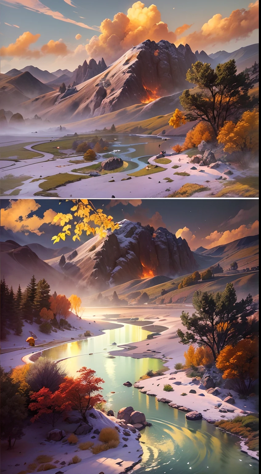 (Small bridges and flowing water,Ancient road west wind thin horse,Sunset,Broken intestines are at the end of the world)(Ancient trails lead into the distance),(A small arch bridge spans a small river:1.1),(The river meanders into the distance),(The sky is windy,Fluttering yellow leaves),(A skinny white horse is pacing:1.1),(The vista is an oblique view of the sunset),(The afterglow of the setting sun shines through the clouds),(Autumn tones),(Ancient Chinese feng shui landscape painting style),(Masterpiece),(A complete painting),(Extremely detailed picture),(light and shadow effect),(Movie lighting),(cinema4d),(Light particle tracing),(rendering by octane),(Unreal 5),(Layered artistic effects),(Best Painting),(Master painting),(8K分辨率),photorealestic,realisticlying