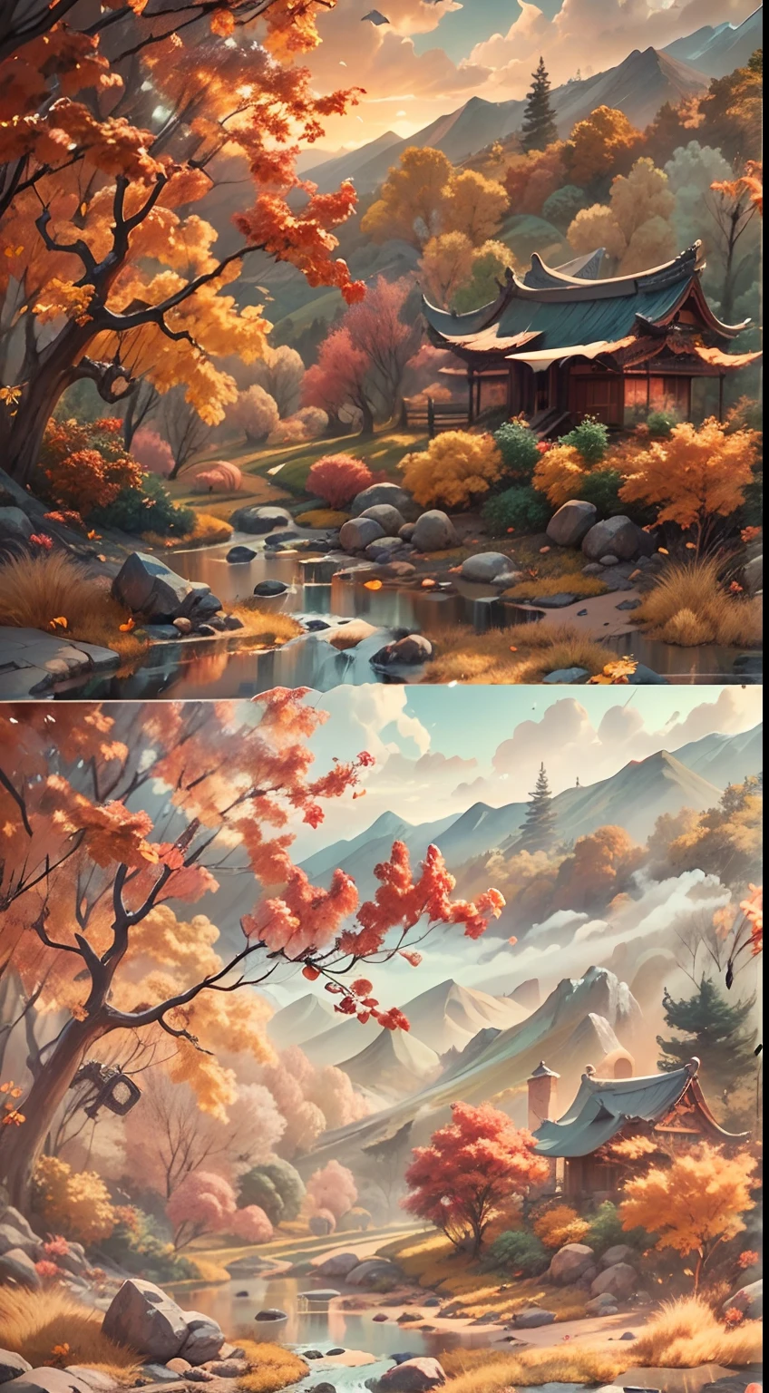 （Small bridges and flowing water，Ancient road west wind thin horse，Sunset，Broken intestines are at the end of the world）（Ancient trails lead into the distance），（A small arch bridge spans a small river，The river meanders into the distance），（The sky is windy，Fluttering yellow leaves），（A skinny white horse is pacing），（The vista is an oblique view of the sunset），（The afterglow of the setting sun shines through the clouds），（Autumn tones），（Ancient Chinese feng shui landscape painting style），（Masterpiece），（A complete painting），（Extremely detailed picture），（light and shadow effect），（Movie lighting），（cinema4d），（Light particle tracing），（rendering by octane），（Unreal 5），（Layered artistic effects），（Best Painting），（Master painting），（8K分辨率），photorealestic，realisticlying
