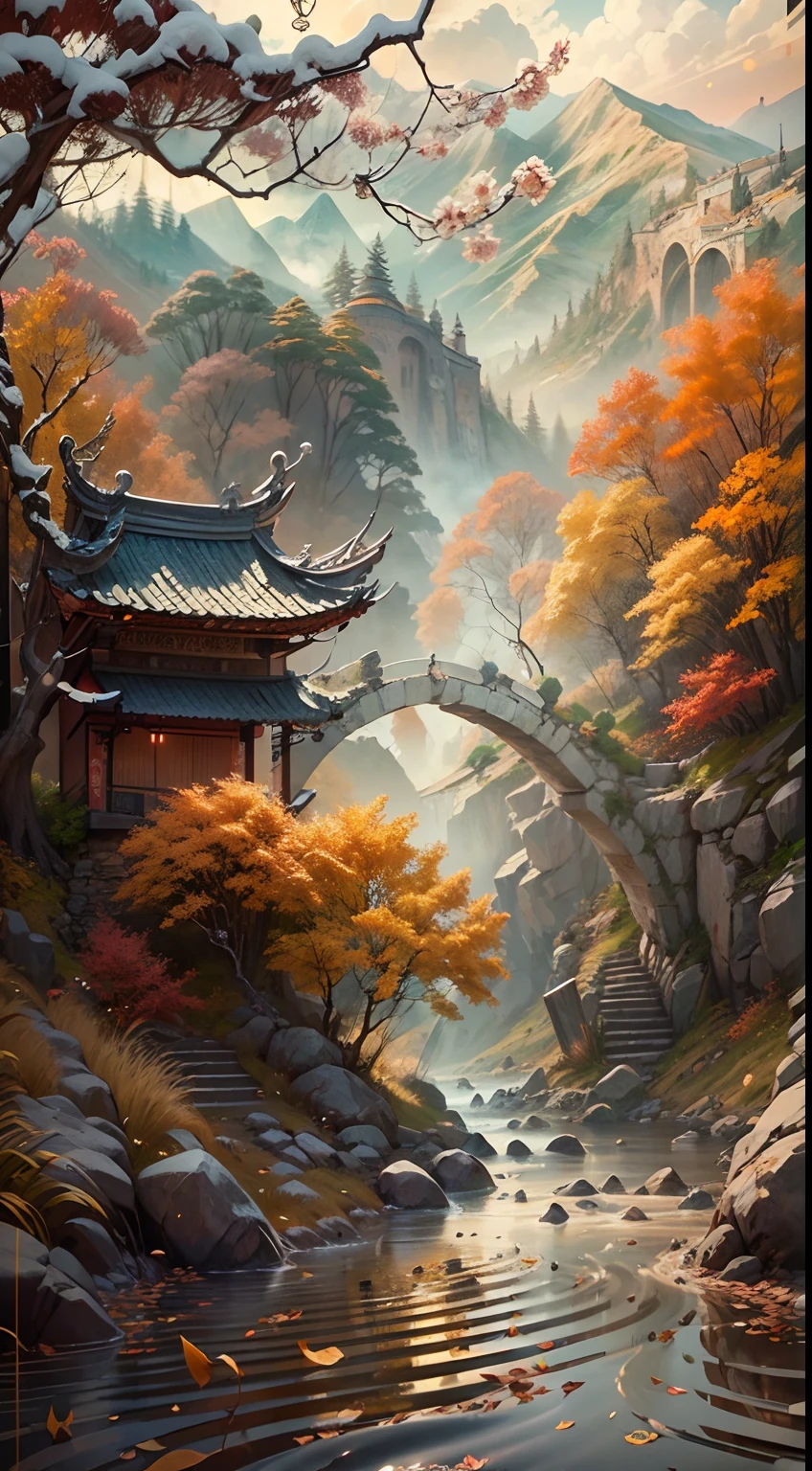 (Small bridges and flowing water,Ancient road west wind thin horse,Sunset,Broken intestines are at the end of the world)(Ancient trails lead into the distance),(A small arch bridge spans a small river,The river meanders into the distance),(The sky is windy,Fluttering yellow leaves),(A skinny white horse is pacing),(The vista is an oblique view of the sunset),(The afterglow of the setting sun shines through the clouds),(Autumn tones),(Ancient Chinese feng shui landscape painting style),(Masterpiece),(A complete painting),(Extremely detailed picture),(light and shadow effect),(Movie lighting),(cinema4d),(Light particle tracing),(rendering by octane),(Unreal 5),(Layered artistic effects),(Best Painting),(Master painting),(8K分辨率),photorealestic,realisticlying