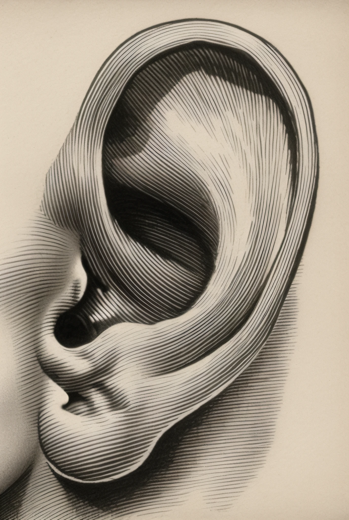 an old black and white drawing of a human ear, in the style of Leonardo da Vinci sketches, left ear, hatched ear, two pointed ears, large ears, ears are listening, ears, pointed ears, gauged ears, slightly - pointed ears, inner ear, pointy ears, tinnitus, big ears, an earring, hatched pointed ears, sharp ears, ear, round ears, pale pointed ears
