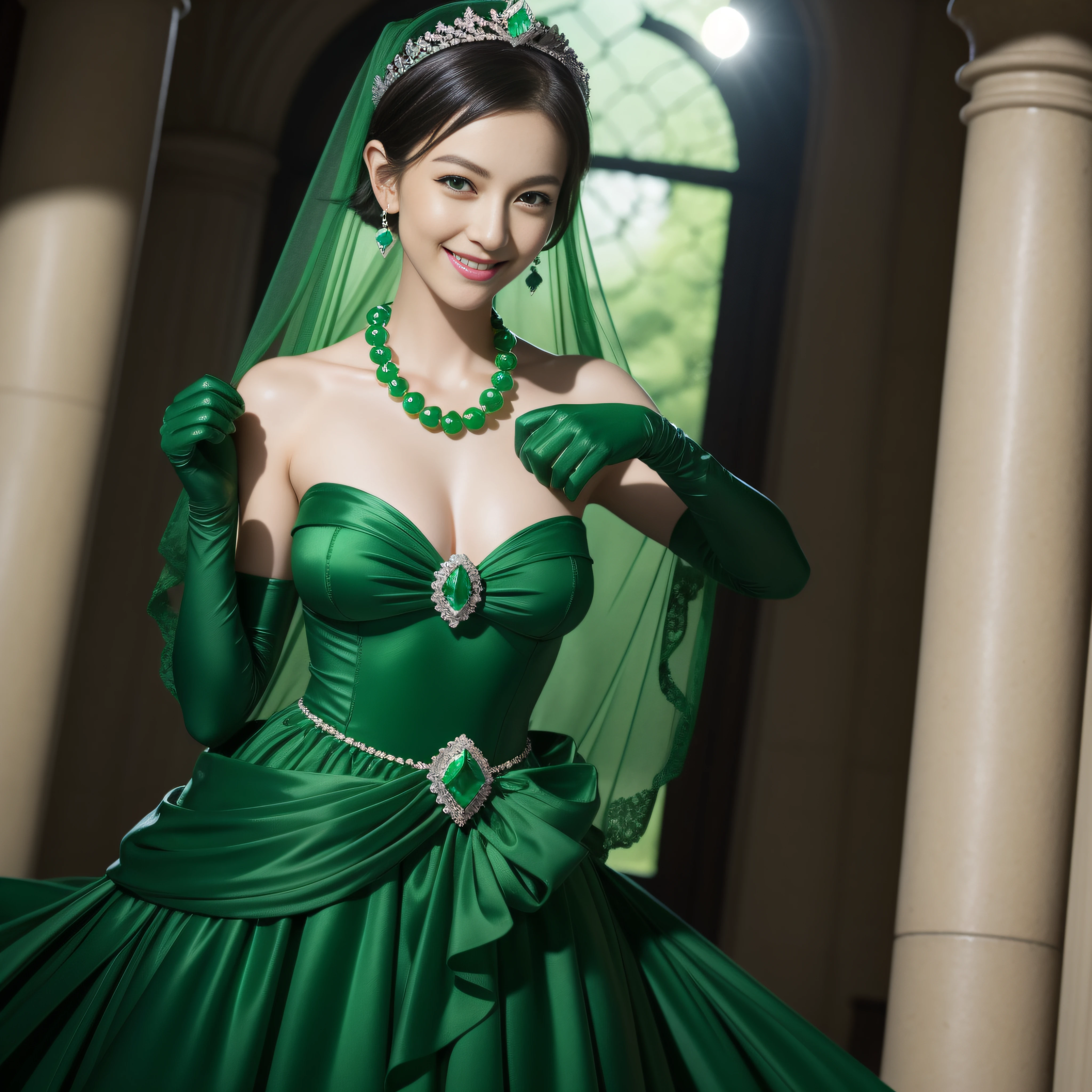 emerald tiara, Green Pearl Necklace, Boyish very short black hair, lipsticks, Japan woman smiling, very short short hair, big breasts beautiful, Green eyes, Long green gloves made of satin material, Green eyes, Emerald Earrings