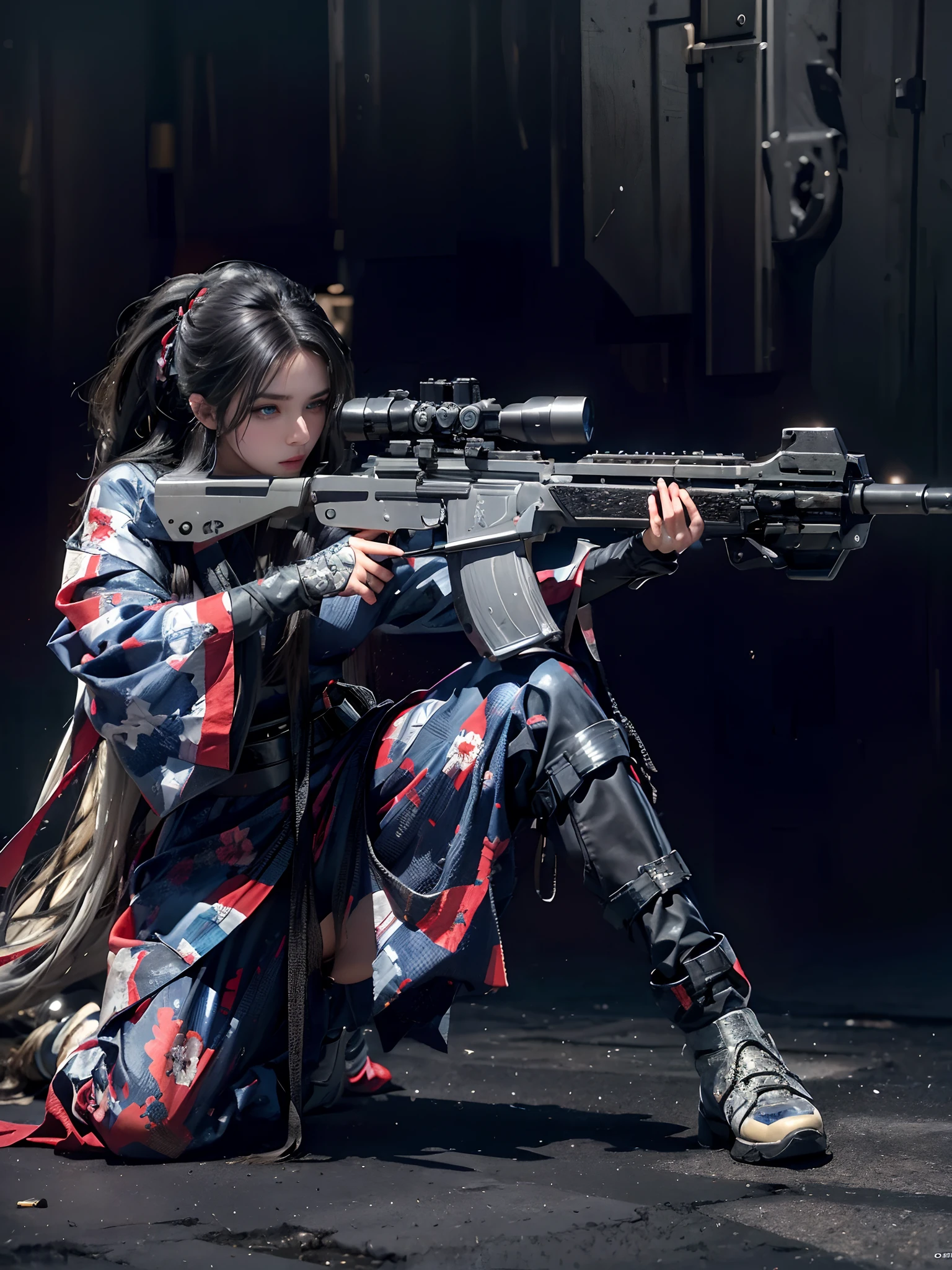 photorealistic, high resolution, 1 women, solo, hips up, look at viewer, (detailed face)detailed noice, black hair, long hair, innocent blue eyes, super detailed face, 8k ultra detailed, soldier