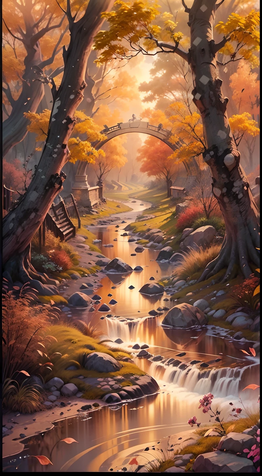 （Small bridges and flowing water，Ancient road west wind thin horse，Sunset，Broken intestines are at the end of the world）（Ancient trails lead into the distance），（A small arch bridge spans a small river，The river meanders into the distance），（The sky is windy，Fluttering yellow leaves），（A skinny white horse is pacing），（The vista is an oblique view of the sunset），（The afterglow of the setting sun shines through the clouds），（Autumn tones），（Ancient Chinese feng shui ink landscape painting style），（Masterpiece），（A complete painting），（Extremely detailed picture），（light and shadow effect），（Movie lighting），（cinema4d），（Light particle tracing），（rendering by octane），（Unreal 5），（Layered artistic effects），（Best Painting），（Master painting），（8K分辨率），photorealestic，realisticlying