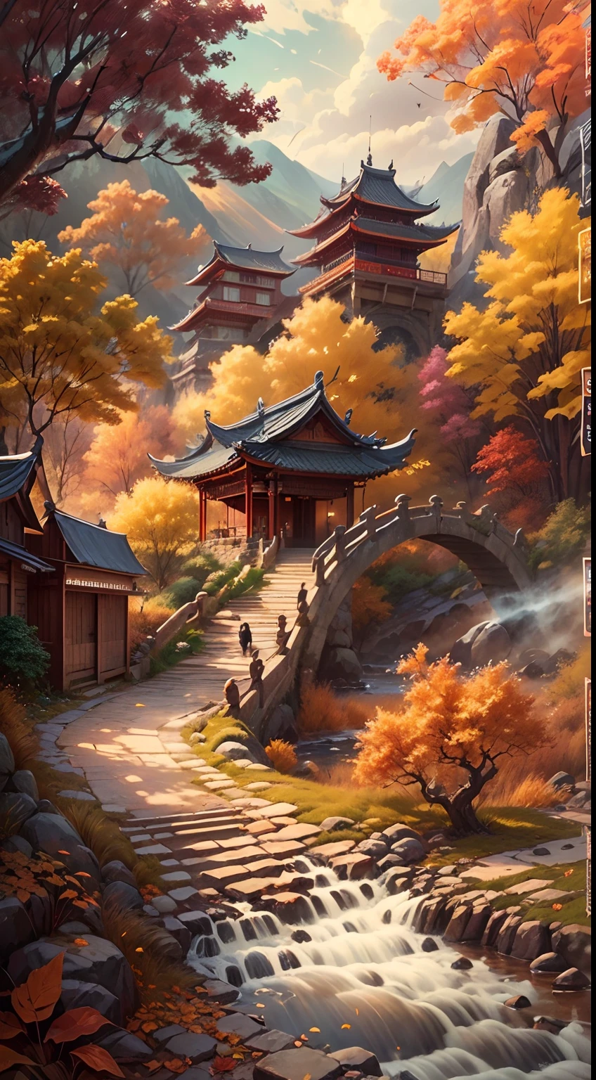 （Small bridges and flowing water，Ancient road west wind thin horse，Sunset，Broken intestines are at the end of the world）（Ancient trails lead into the distance），（A small arch bridge spans a small river，The river meanders into the distance），（The sky is windy，Fluttering yellow leaves），（A skinny white horse is pacing），（The vista is an oblique view of the sunset），（The afterglow of the setting sun shines through the clouds），（Autumn tones），（Ancient Chinese feng shui ink landscape painting style），（Masterpiece），（A complete painting），（Extremely detailed picture），（light and shadow effect），（Movie lighting），（cinema4d），（Light particle tracing），（rendering by octane），（Unreal 5），（Layered artistic effects），（Best Painting），（Master painting），（8K分辨率），photorealestic，realisticlying