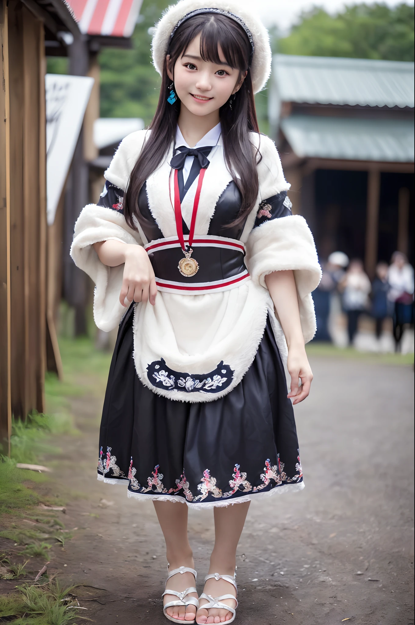 ((8K、Raw photography、Top image quality、​masterpiece、:1.2)), (realisitic、Photorealsitic:1.3), Ainu female idols, ***e *********** woman in Ainu costume, Female Idol Style Costume, Beautiful bare feet, Smile with all your might, Stage of an outdoor concert venue, Background of Hokkaido, cowboy  shot, dynamic ungle