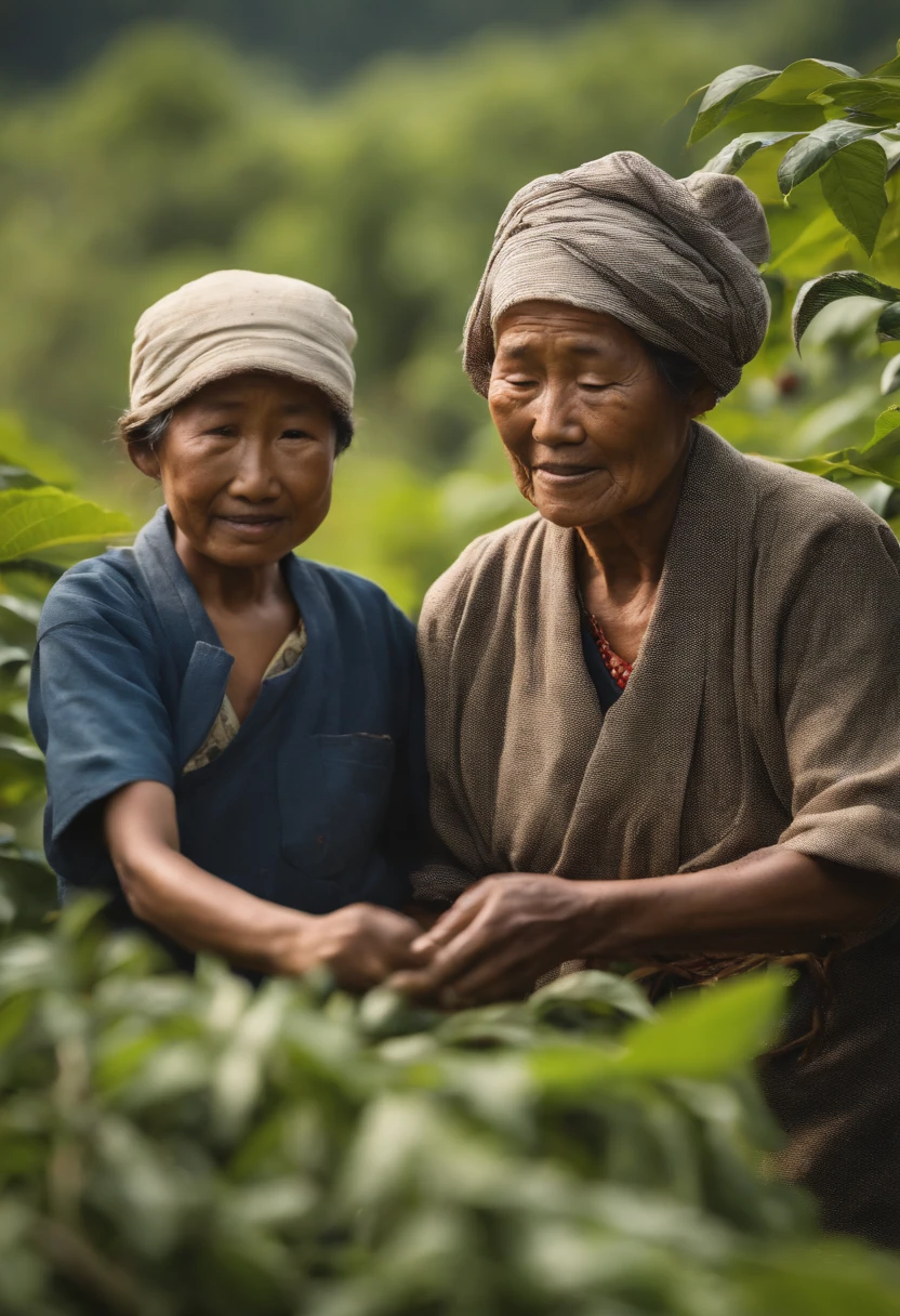 A 68-year-old lady, black pepper farmer, of Japanese origin, harvesting black pepper on a plantation, accompanied by a little boy also from Japan, learning how to do the harvesting work, blurred background, photographic quality, 8k