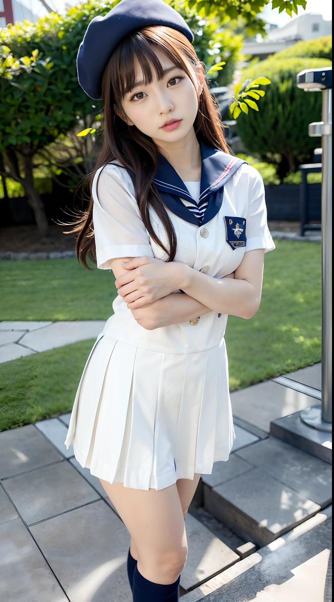mix4, (16 K, Raw photography, Top image quality, ​masterpiece: 1.45), (realisitic, Photorealsitic: 1.37), one girls, 7．5, etc、Random hairstyle、Standing figure，Noon time slot、a very cute,a park,, profetional lighting, photon maping、physically-based renderingt, Gradient dark brown hair,, a handsome, Well-groomed and beautiful eyes、Large double eyelids、Very shiny、girl with, (((student clothes、Sailor suit worn by Japan schoolgirl、Navy blue sailor color、scarf、a miniskirt, Small beret、high socks、lowfers))), Top Quality Photos, hight resolution, 1080p, (clearface), (Detailed face description), (Detailed hand description), (​masterpiece), (Exquisite CG)、extreme light and shadows、dishevled hair、master work、abundant detail、(Fine facial features)、(top quality photo)、(masuter piece)、(A detailed eye)、Look in front of you、Fine clavicle、((Slender big))、(((Japan schoolgirl in sailor suit)))、((Ready Idol System))、((a park、Slide、The fountain、seesaw))、(Shooting from random perspectives)、(((neat and cute)))、耳Nipple Ring、A big smile、Drawing the whole body from the knees、Do not draw nasolabial folds、(((Cute sailor suit)))、(Big breasts that hang down big:1.2)、Big buttocks with tension、Two arms and two legs、(((from the front side:0.2)))、bare hand、No mask、