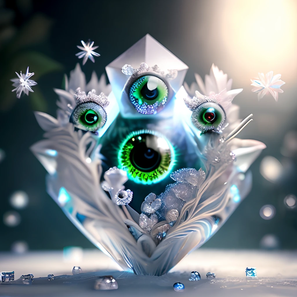 dreamlikeart levitating ice crystal of quartz, diamond,  misty, (((multiple eyes))), chromatic aberration,  insane details, intricate details, hyperdetailed, fluffy, realistic, photo, canon, dreamlike, art, colorfull leaves and branches with flowers on top of its head. hyperdetailed photorealism by greg rutkowski