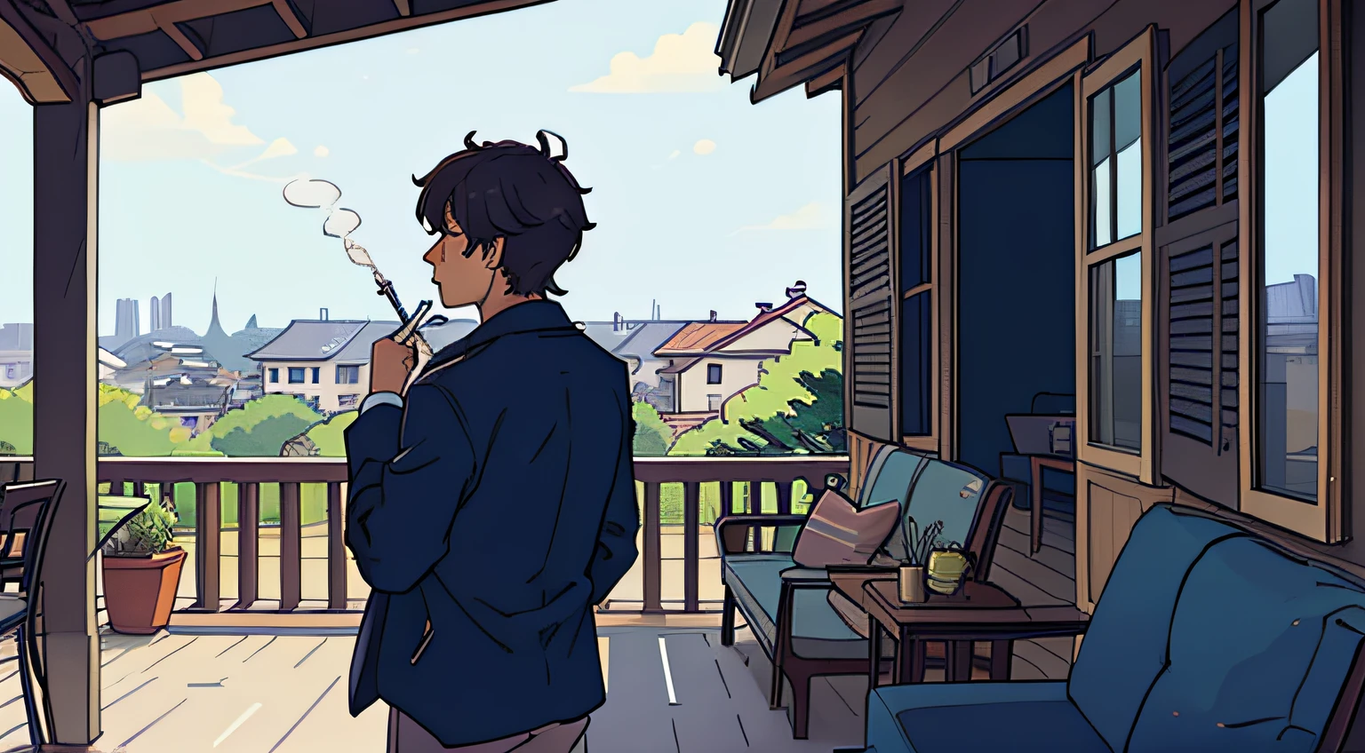 Man smoking on the veranda、Rear view